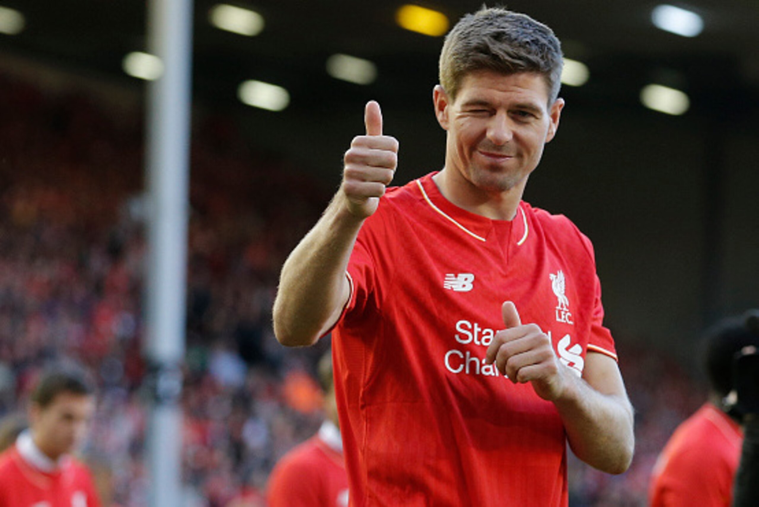 On his lap of honour after the match Steven Gerrard's final game at Anfield the Liverpool v Crystal Palace F.A. Premier League match at Anfield on May 16th 2015 in Liverpool(Photo by Tom Jenkins/Getty Images)