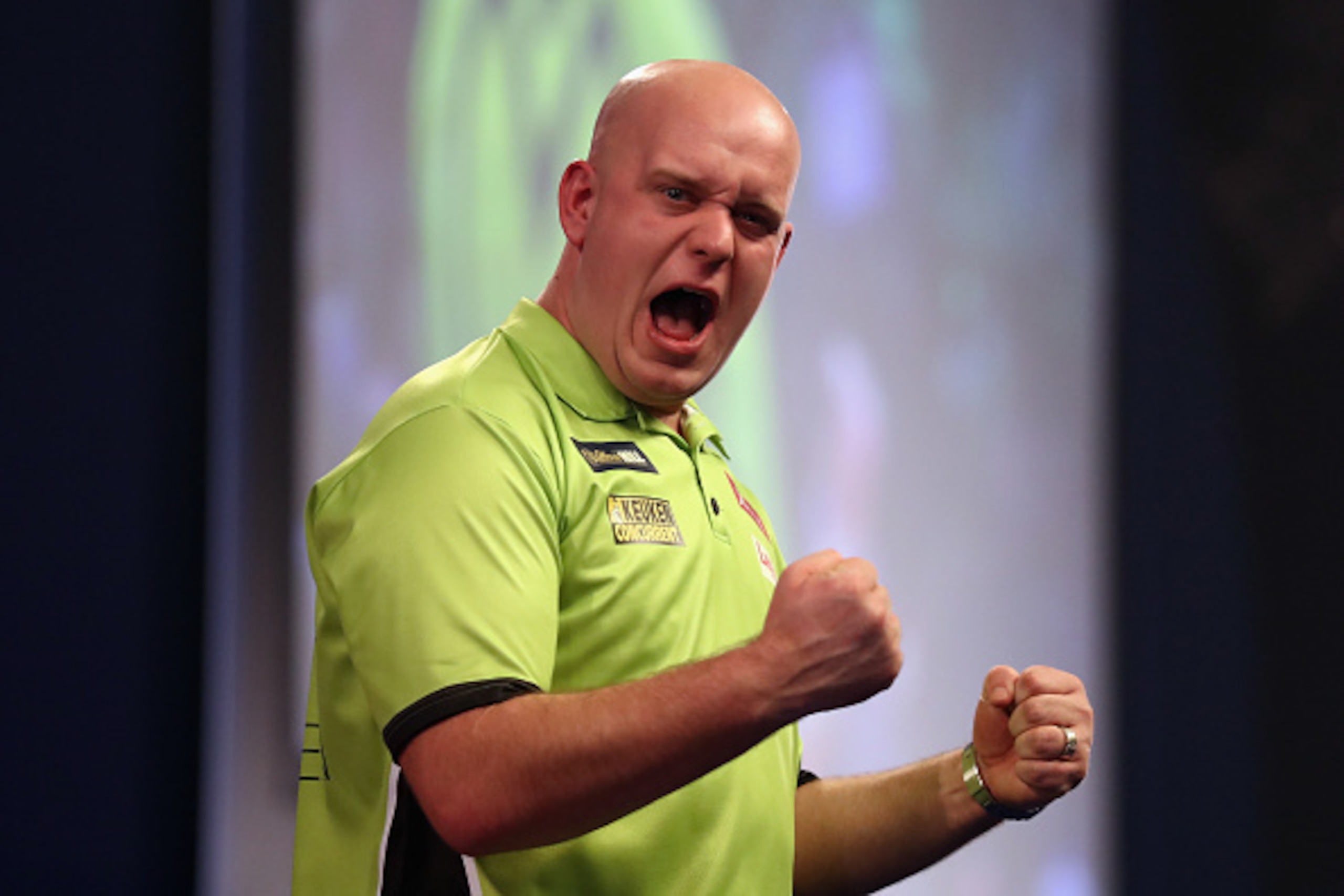 LONDON, ENGLAND - JANUARY 01:  Michael van Gerwen of The Netherlands celebrates beating Raymond van Barneveld of The Netherlands in their semi-final on day fourteen of the 2017 William Hill PDC World Darts Championships at Alexandra Palace on January 1, 2