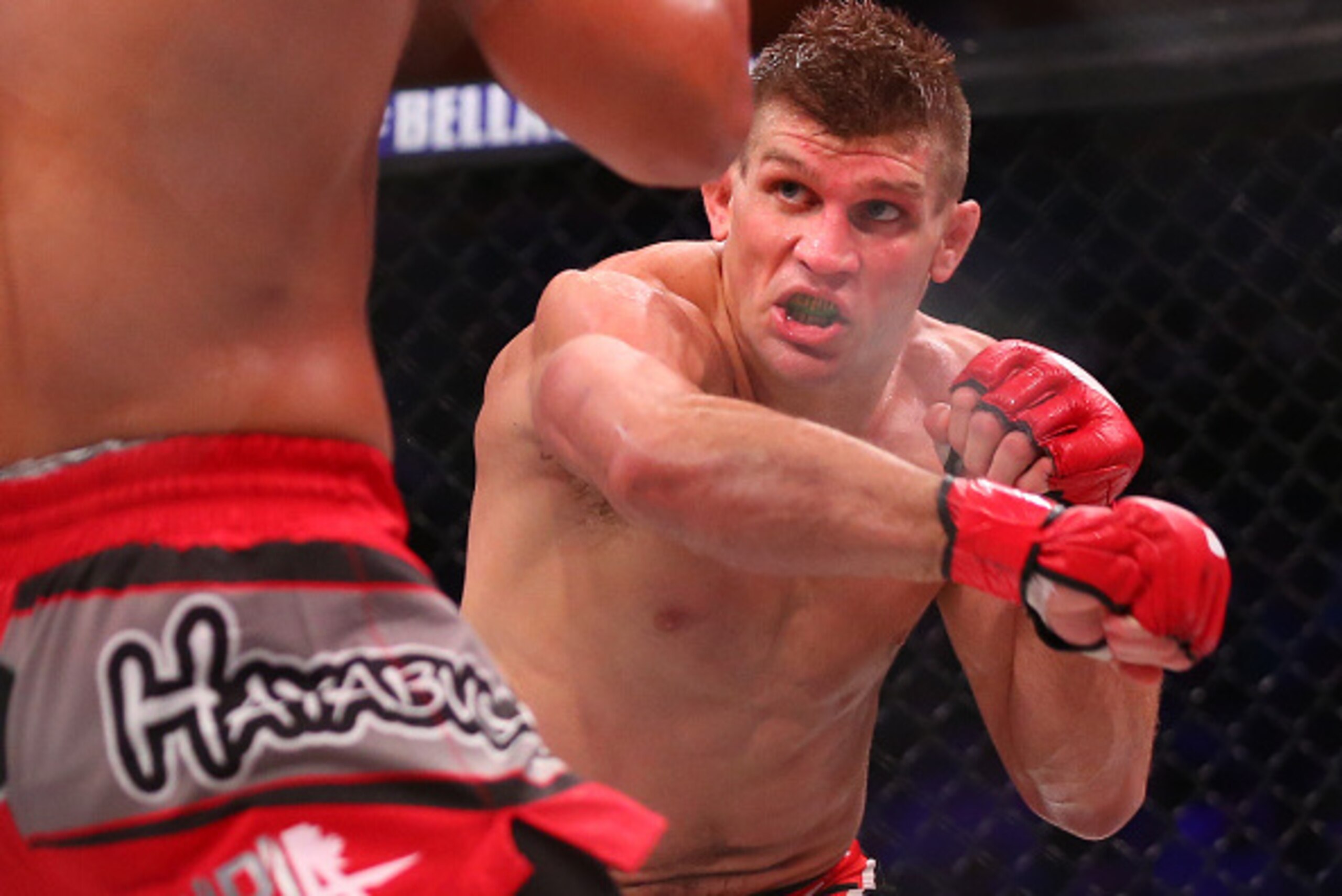 UNCASVILLE, CT - APRIL 22: Brent Primus (red gloves) throws a right hand at Gleristone Santos (blue gloves) during their bout in Bellator 153 at Mohegan Sun Arena on April 22, 2016 in Uncasville, Connecticut. (Photo by Ed Mulholland/Getty Images)