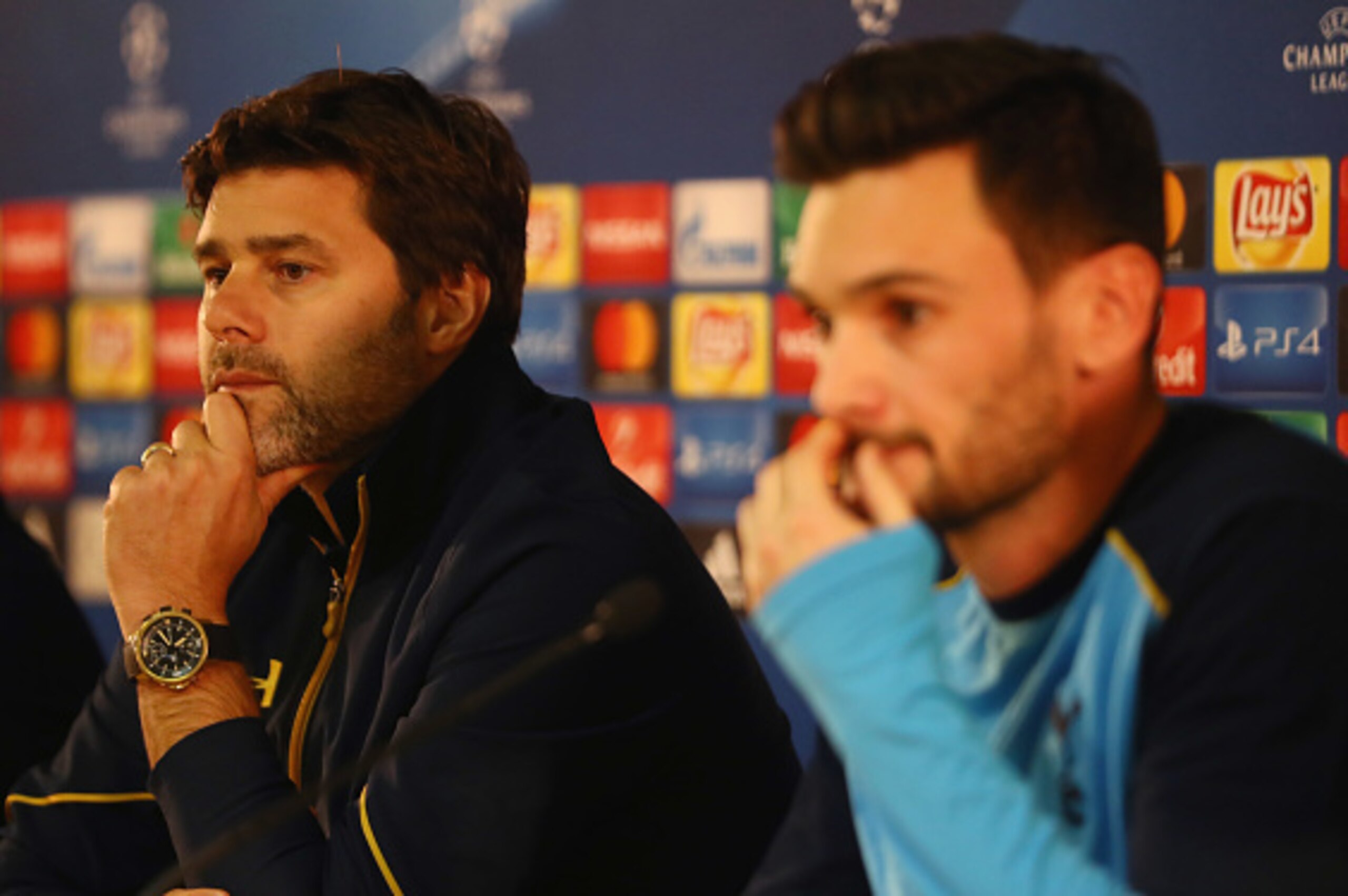 MONACO - NOVEMBER 21:  Hugo Lloris (R) and Mauricio Pochettino manager of Tottenham Hotspur look on during a Tottenham Hotspur press conference on the eve of their UEFA Champions League match against AS Monaco at Louis II Stadium on November 21, 2016 in M