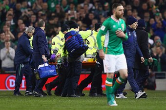 DUBLIN, IRELAND - MARCH 24:  An injured Seamus Coleman of the Republic of Ireland is stretchered off during the FIFA 2018 World Cup Qualifier between Republic of Ireland and Wales at Aviva Stadium on March 24, 2017 in Dublin, Ireland.  (Photo by Ian Walto