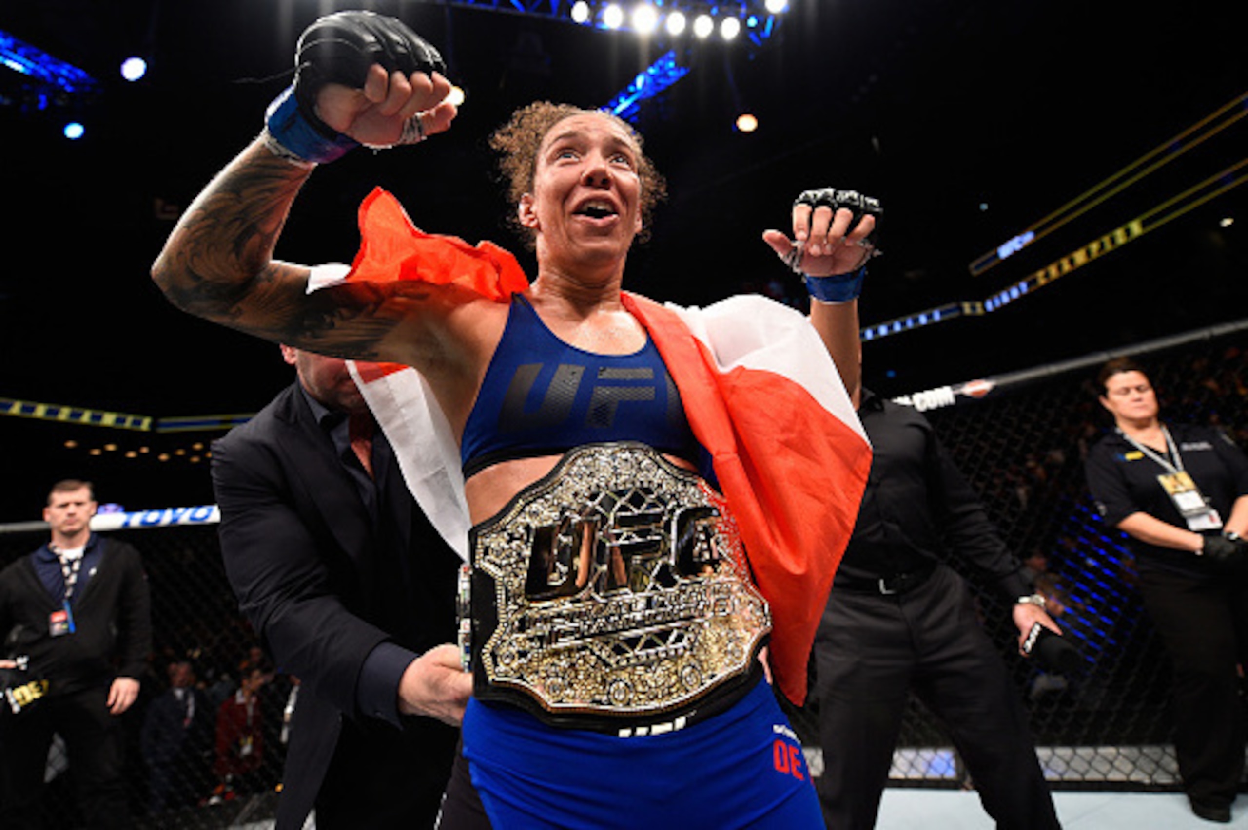 BROOKLYN, NEW YORK - FEBRUARY 11:  Germaine de Randamie of The Netherlands celebrates her victory over Holly Holm in their women's featherweight championship bout during the UFC 208 event inside Barclays Center on February 11, 2017 in Brooklyn, New York. 