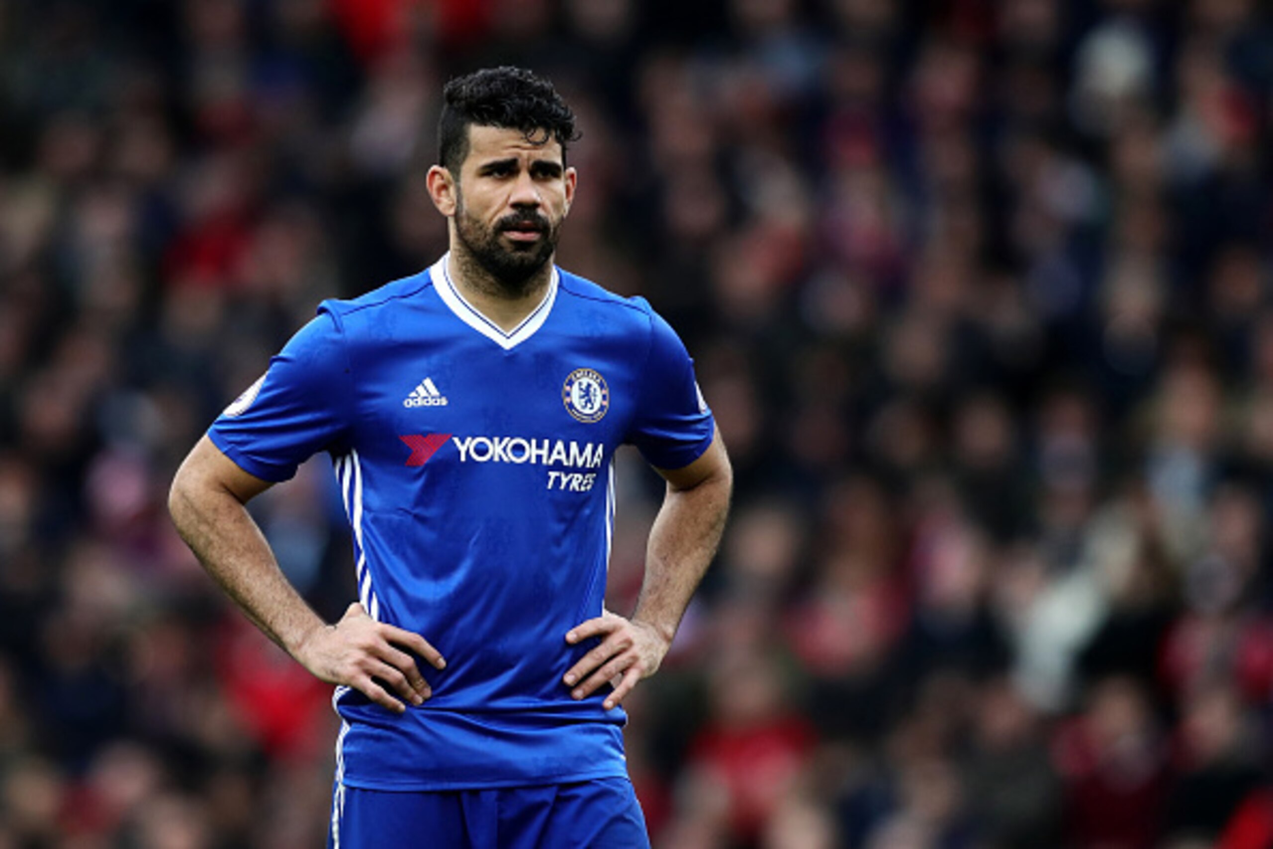 STOKE ON TRENT, ENGLAND - MARCH 18: Diego Costa of Chelsea looks on during the Premier League match between Stoke City and Chelsea at Bet365 Stadium on March 18, 2017 in Stoke on Trent, England. (Photo by Chris Brunskill Ltd/Getty Images)