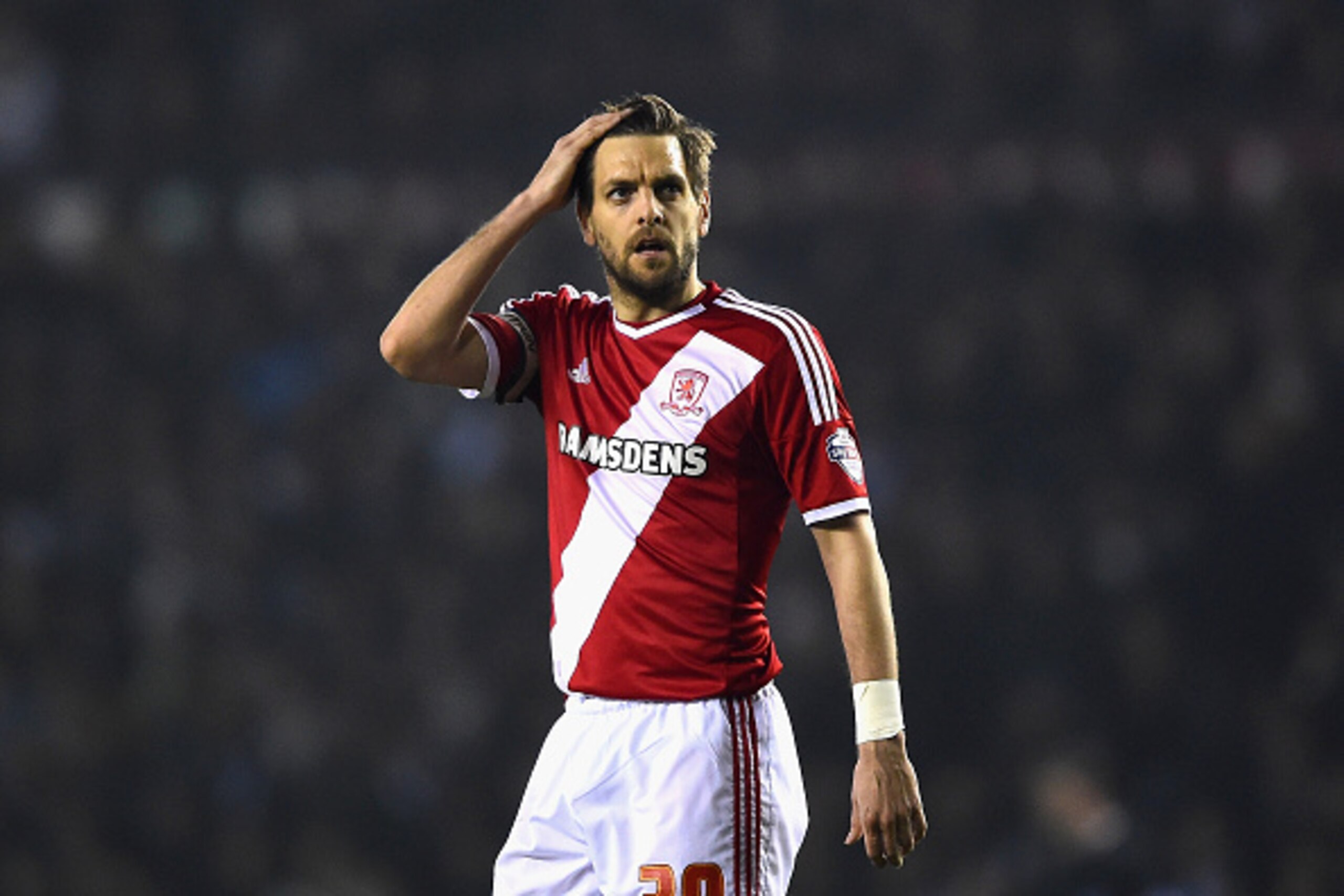 DERBY, ENGLAND - MARCH 17:  Jonathan Woodgate of Middlesbrough in action during the Sky Bet Championship match between Derby County and Middlesbrough at iPro Stadium on March 17, 2015 in Derby, England.  (Photo by Laurence Griffiths/Getty Images)