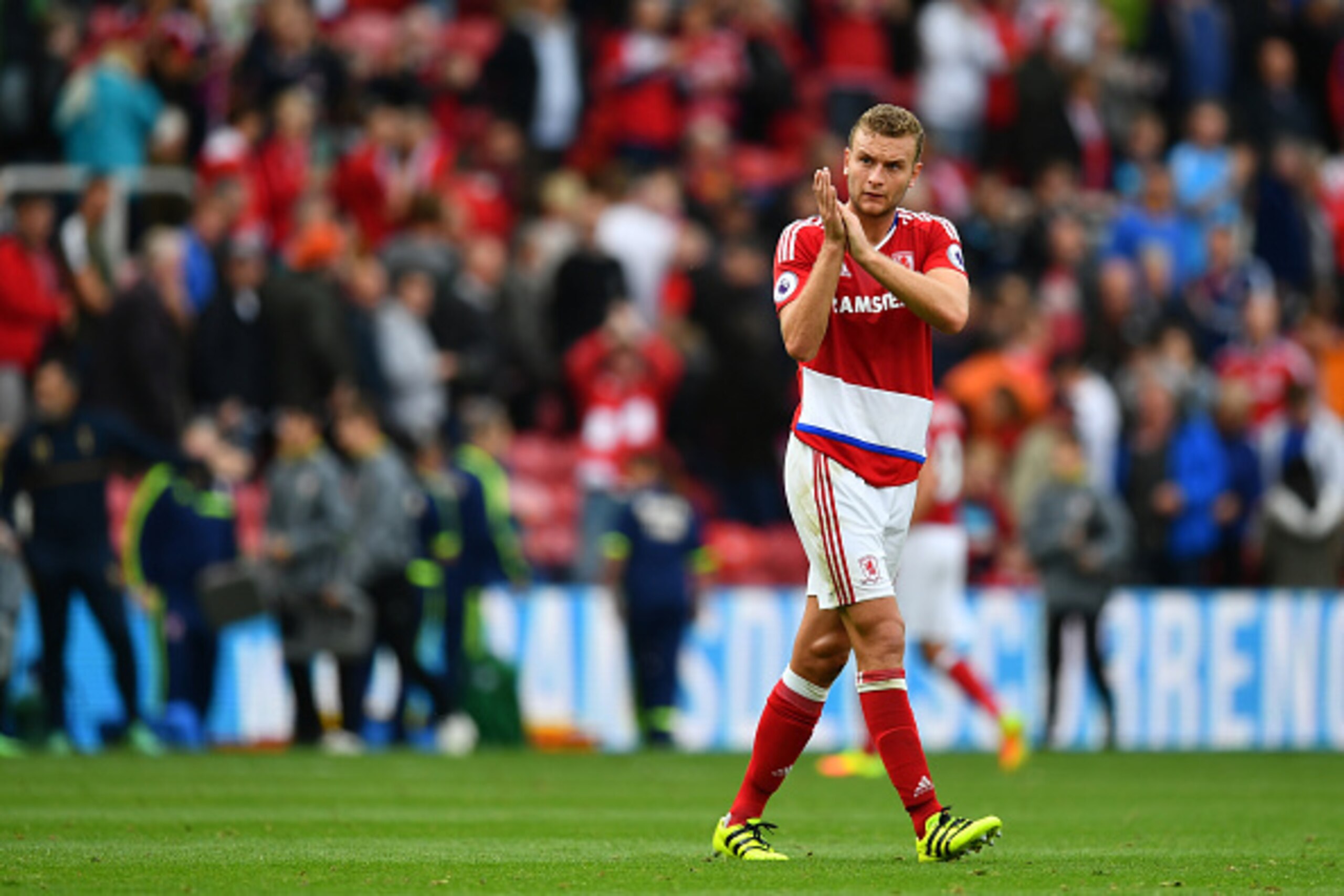 MIDDLESBROUGH, ENGLAND - SEPTEMBER 24:  Ben Gibson of Middlesbrough claps the fans after the game during the Premier League match between Middlesbrough and Tottenham Hotspur at the Riverside Stadium on September 24, 2016 in Middlesbrough, England.  (Photo