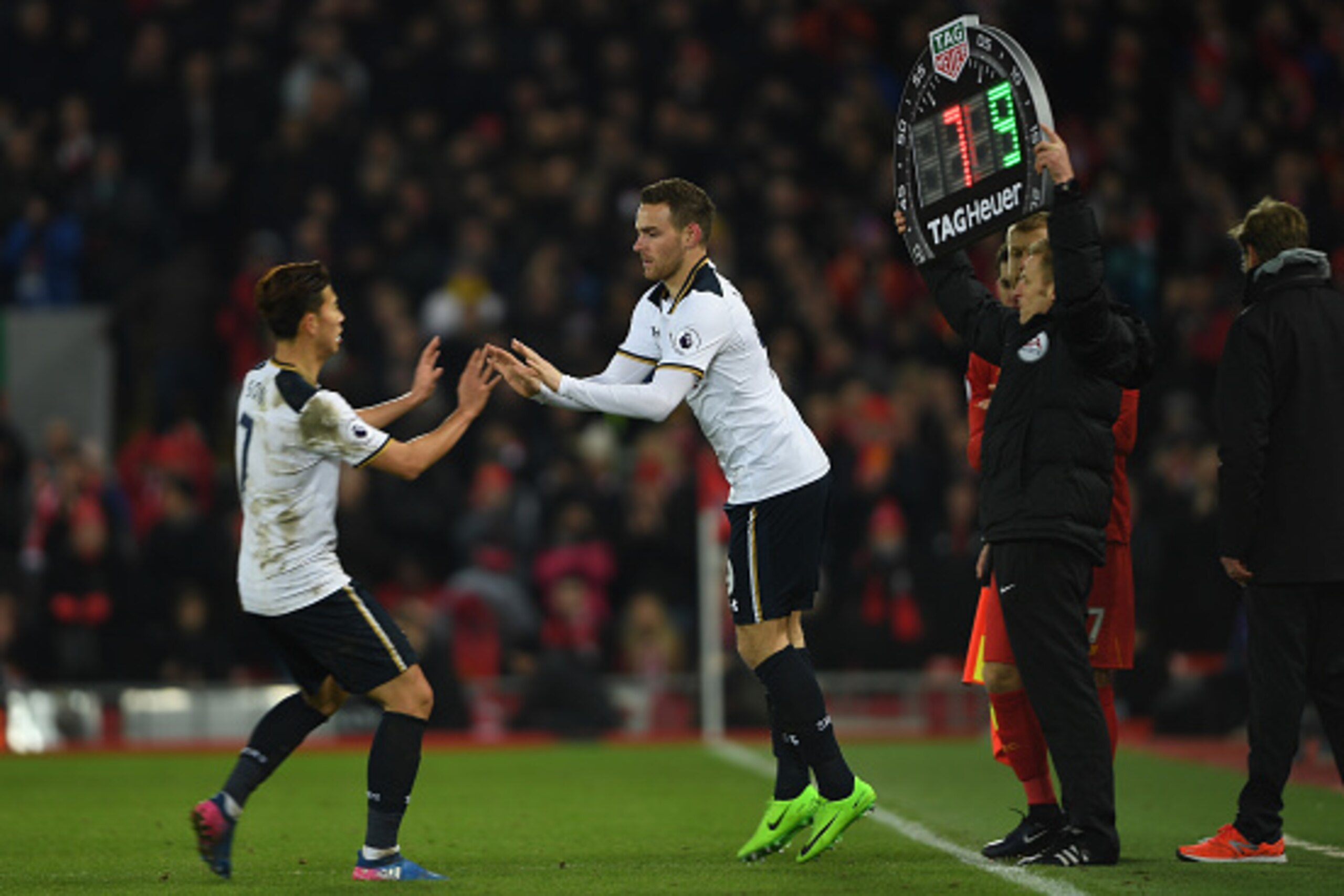 LIVERPOOL, ENGLAND - FEBRUARY 11: Vincent Janssen of Tottenham Hotspur comes on for Heung-Min Son during the Premier League match between Liverpool and Tottenham Hotspur at Anfield on February 11, 2017 in Liverpool, England.  (Photo by Mike Hewitt/Getty I