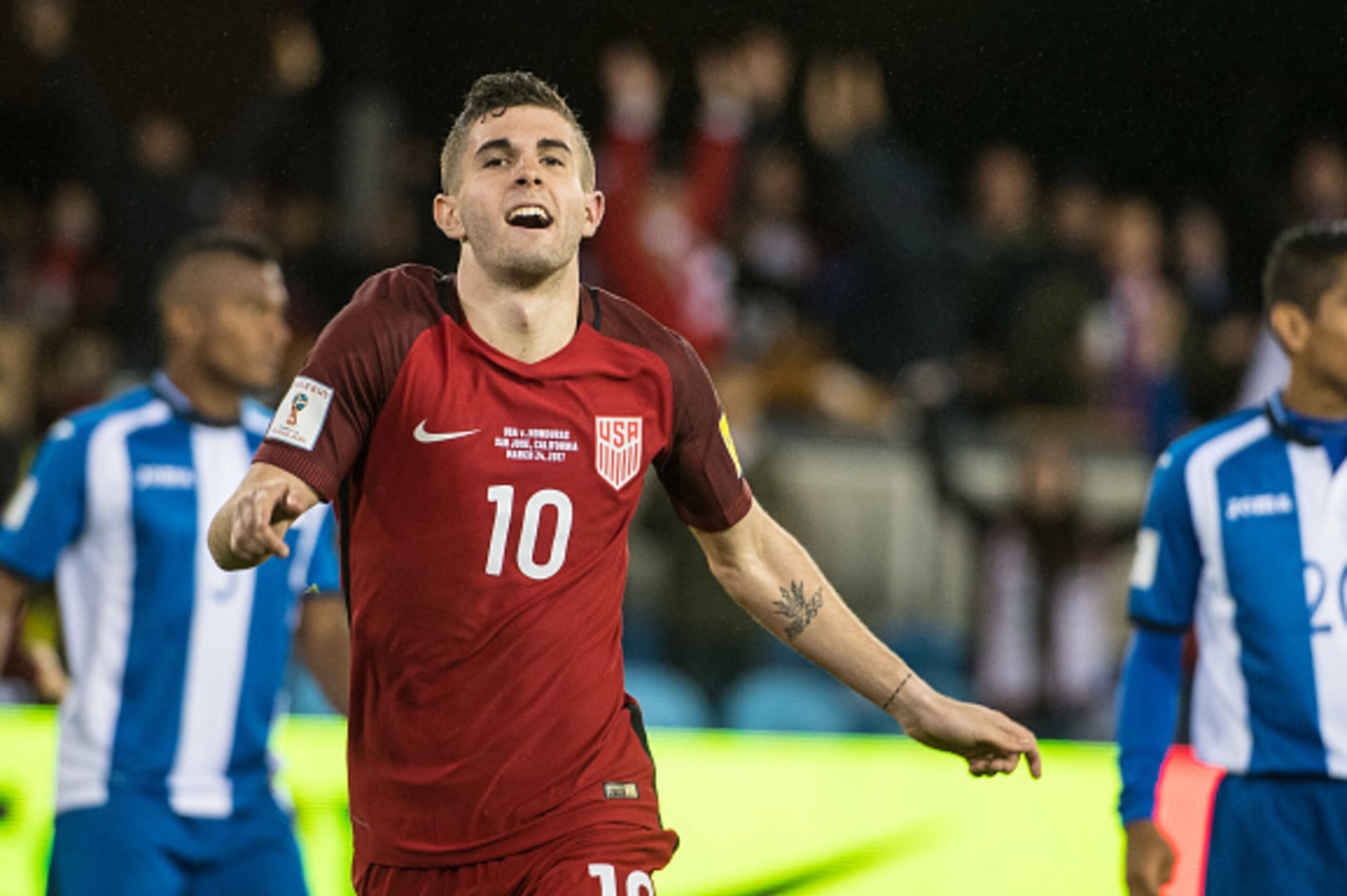 SAN JOSE, CA - MARCH 24: Christian Pulisic #10 of United States celebrates his goal during the World Cup Qualifier match between the United States and Honduras at Avaya Stadium on March 24, 2017 in San Jose, California.  The United States won the match 6-