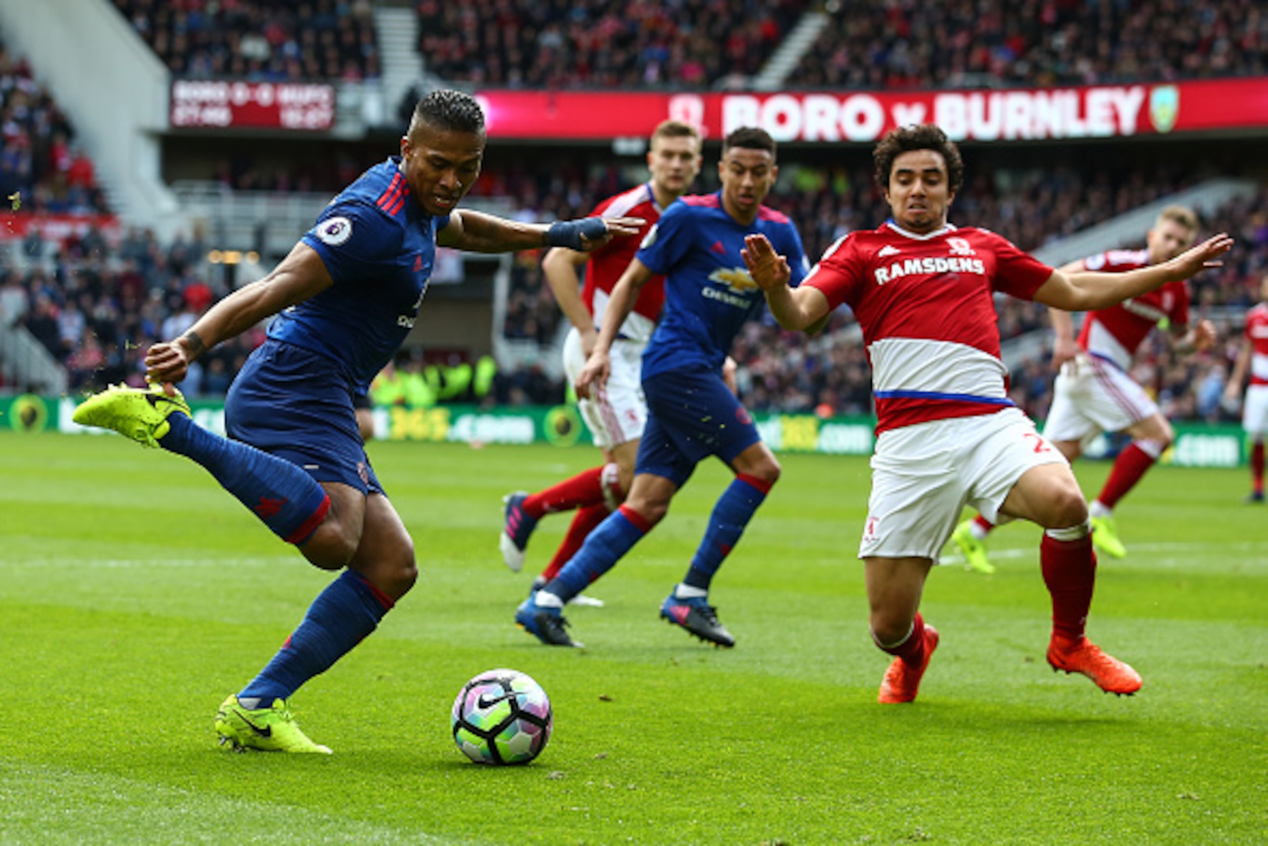 MIDDLESBROUGH, ENGLAND - MARCH 19: Antonio Valencia of Manchester United and Fabio of Middlesbrough during the Premier League match between Middlesbrough and Manchester United at Riverside Stadium on March 19, 2017 in Middlesbrough, England. (Photo by Rob