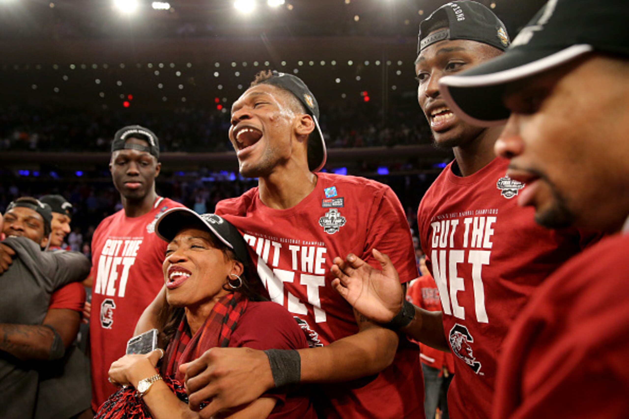 NEW YORK, NY - MARCH 26:  Chris Silva #30 of the South Carolina Gamecocks celebrates after defeating the Florida Gators with a score of 77 to 70 to win the 2017 NCAA Men's Basketball Tournament East Regional at Madison Square Garden on March 26, 2017 in N