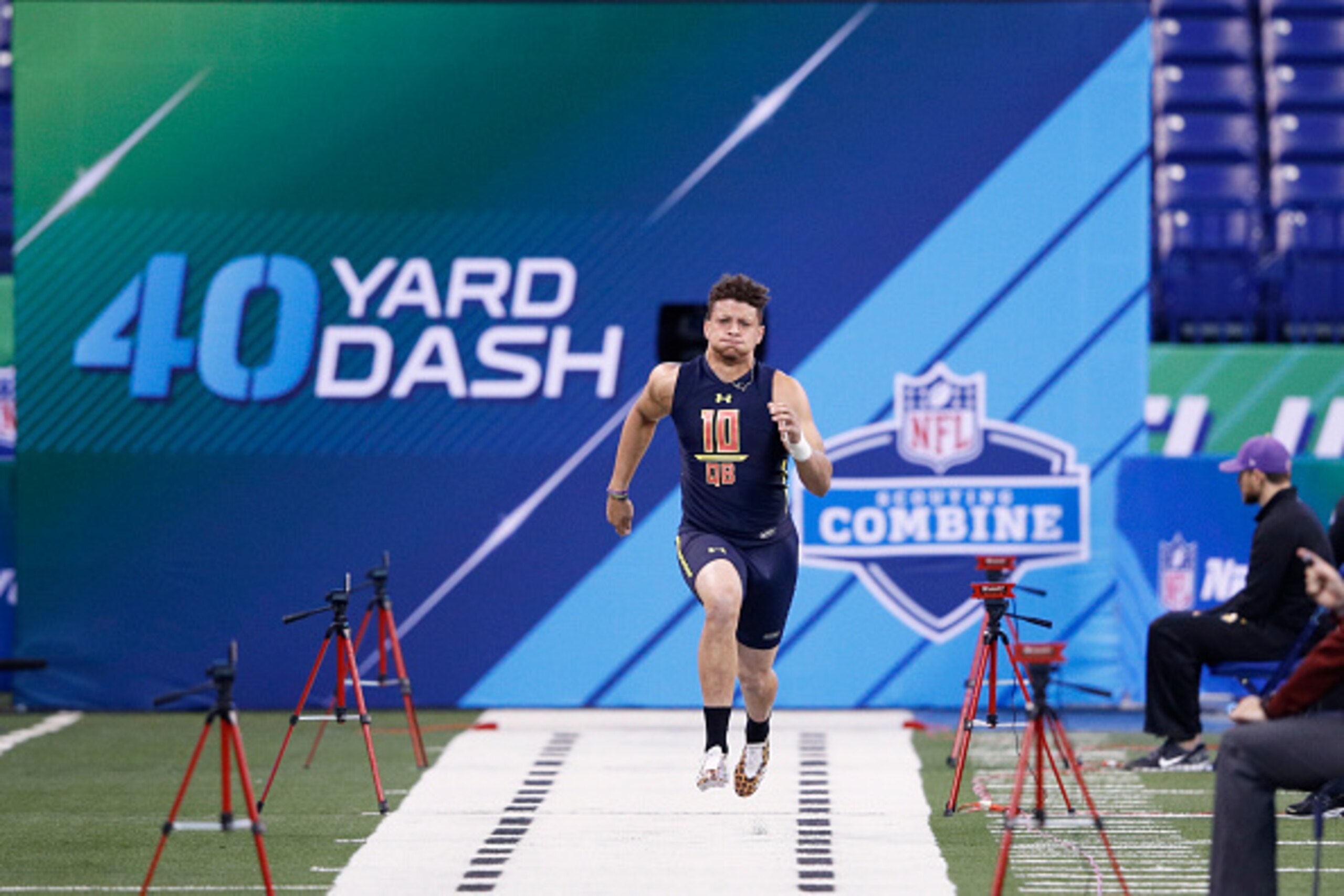 INDIANAPOLIS, IN - MARCH 04: Quarterback Patrick Mahomes of Texas Tech runs the 40-yard dash during day four of the NFL Combine at Lucas Oil Stadium on March 4, 2017 in Indianapolis, Indiana. (Photo by Joe Robbins/Getty Images) INDIANAPOLIS, IN - MARCH 04: Quarterback Patrick Mahomes of Texas Tech runs the 40-yard dash during day four of the NFL Combine at Lucas Oil Stadium on March 4, 2017 in Indianapolis, Indiana. (Photo by Joe Robbins/Getty Images)
