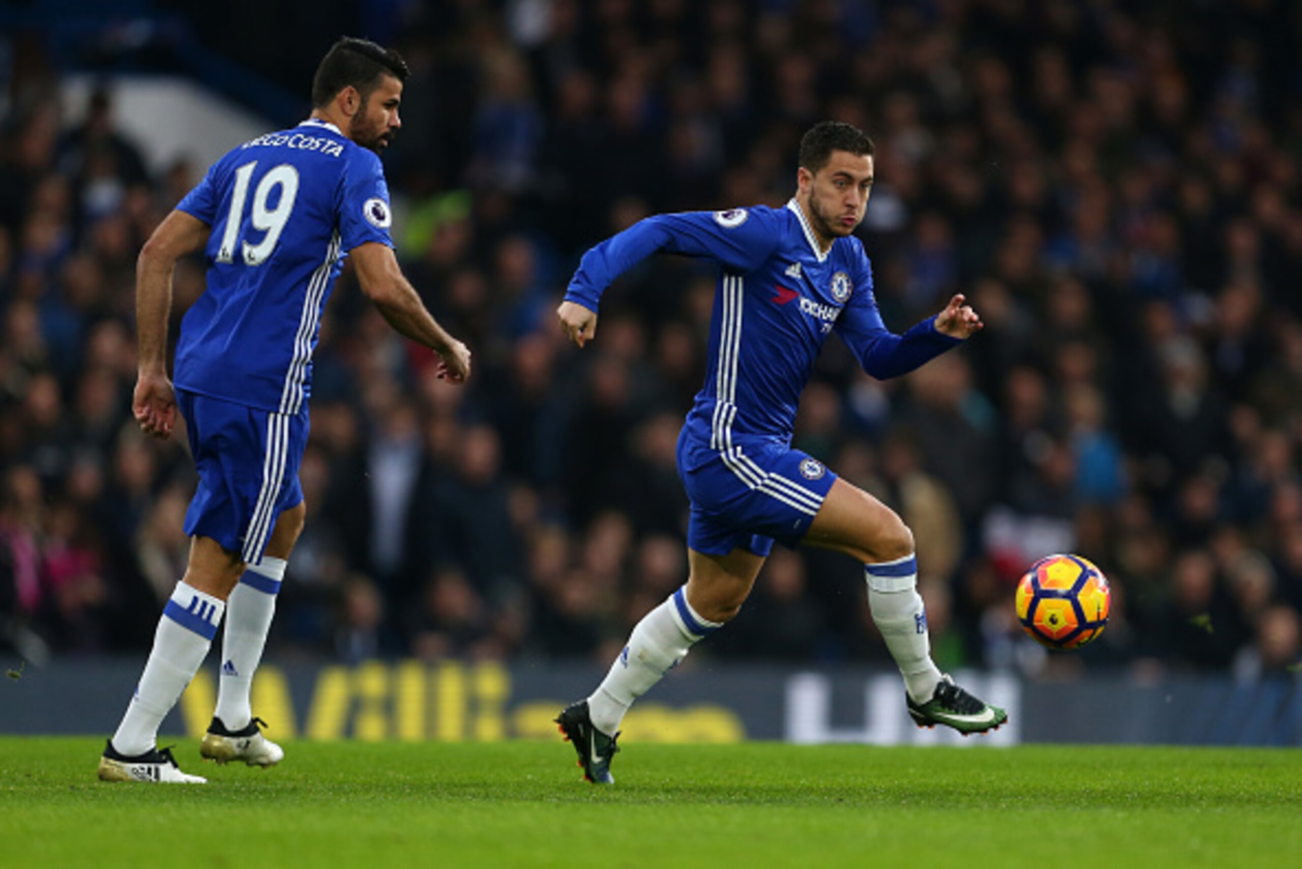 LONDON, ENGLAND - DECEMBER 31: Diego Costa of Chelsea watches Eden Hazard of Chelsea during the Premier League match between Chelsea and Stoke City at Stamford Bridge on December 31, 2016 in London, England. (Photo by Catherine Ivill - AMA/Getty Images) LONDON, ENGLAND - DECEMBER 31: Diego Costa of Chelsea watches Eden Hazard of Chelsea during the Premier League match between Chelsea and Stoke City at Stamford Bridge on December 31, 2016 in London, England. (Photo by Catherine Ivill - AMA/Getty Images)