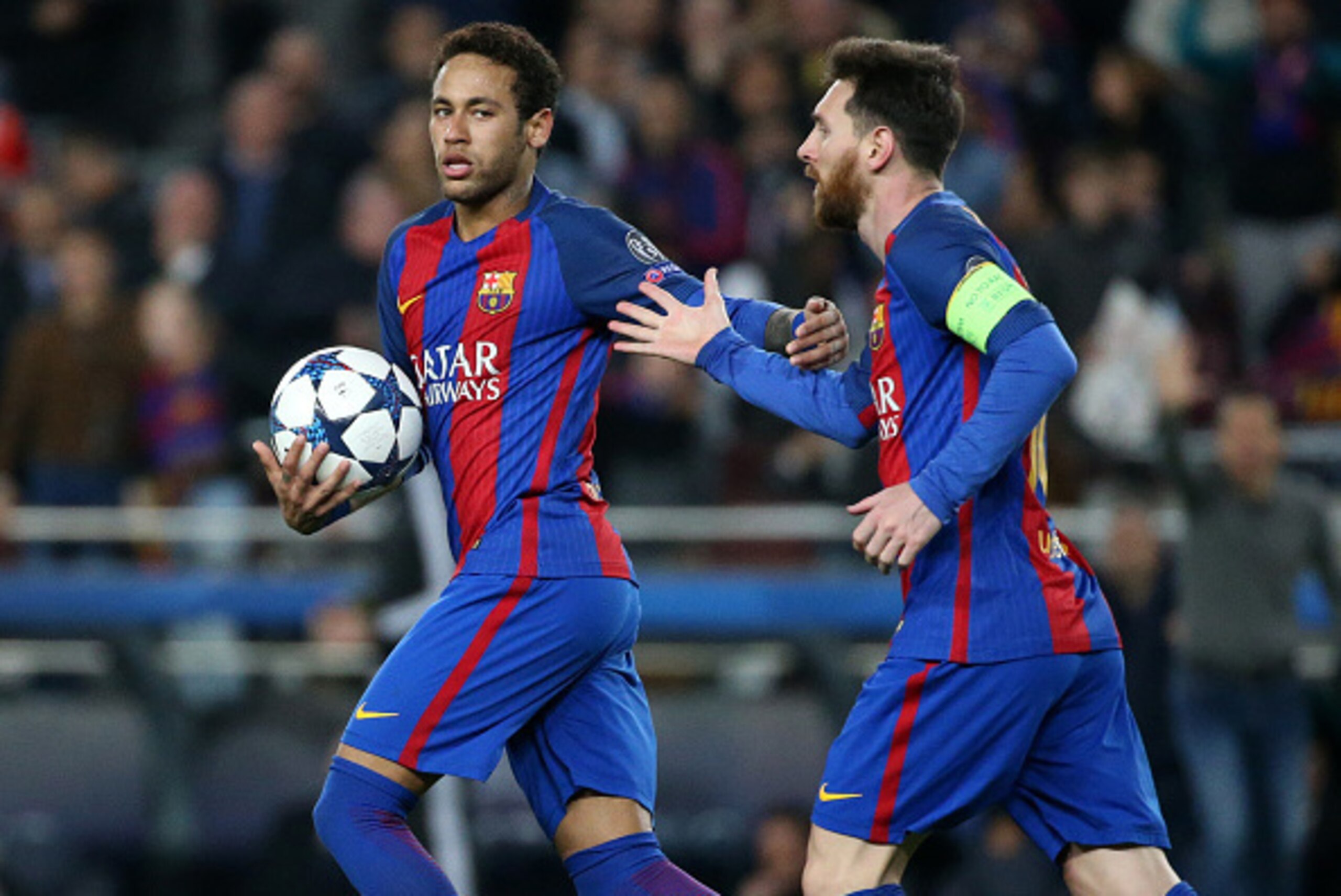 BARCELONA, SPAIN - MARCH 8: Neymar Jr of FC Barcelona celebrates the 5th goal on a penalty kick with Lionel Messi during  the UEFA Champions League Round of 16 second leg match between FC Barcelona and Paris Saint-Germain (PSG) at Camp Nou on March 8, 201