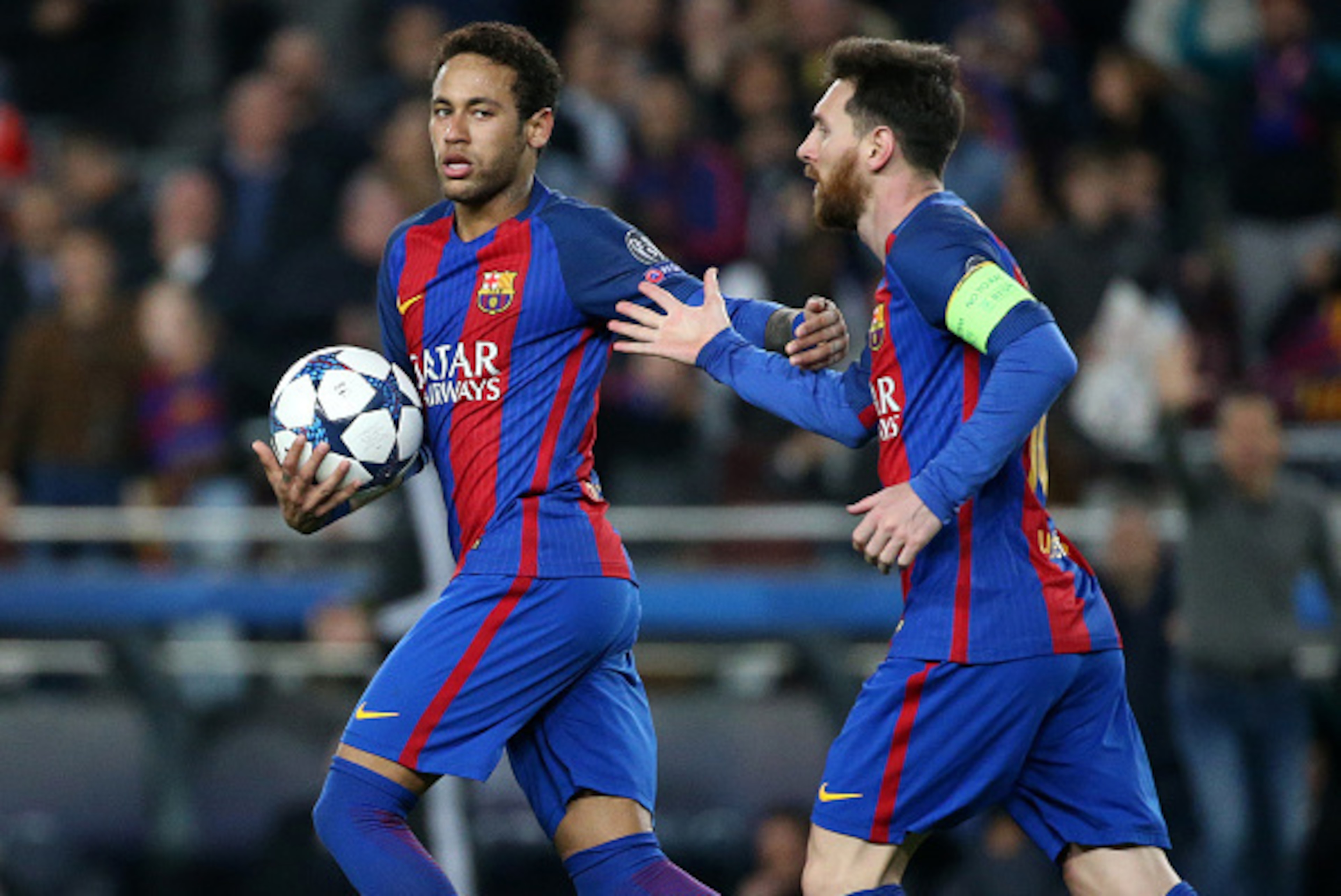 BARCELONA, SPAIN - MARCH 8: Neymar Jr of FC Barcelona celebrates the 5th goal on a penalty kick with Lionel Messi during  the UEFA Champions League Round of 16 second leg match between FC Barcelona and Paris Saint-Germain (PSG) at Camp Nou on March 8, 201