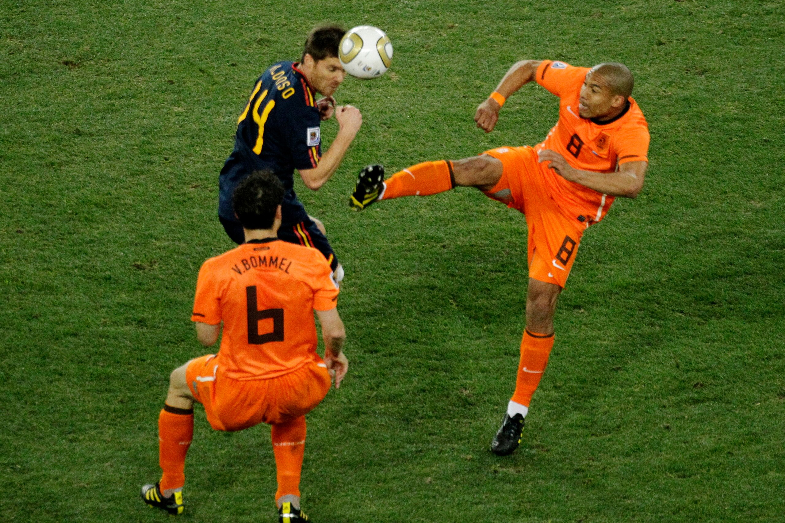 Nigel de Jong's wild challenge on Xabi Alonso in the 2010 World Cup final came to represent the Netherlands' drift from their core footballing values for many observers. Nigel de Jong's wild challenge on Xabi Alonso in the 2010 World Cup final came to represent the Netherlands' drift from their core footballing values for many observers.