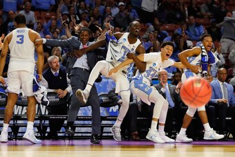 The North Carolina bench celebrates against Texas Southern during the first round of the 2017 NCAA tournament on March 17, 2017.