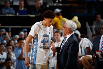 North Carolina head coach Roy Williams talks to Jackson during a game against Duke on March 4, 2017.