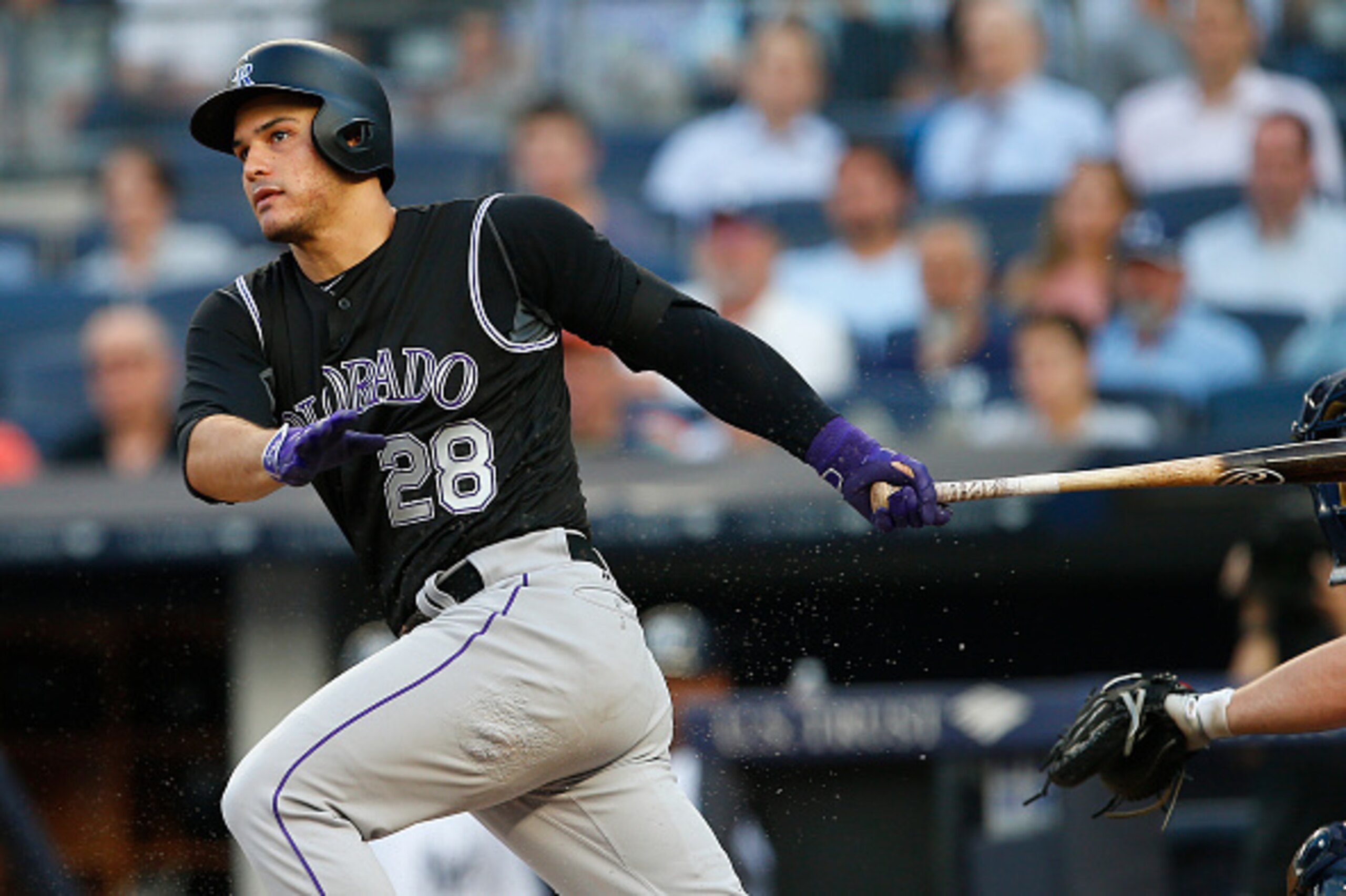NEW YORK, NY - JUNE 21:  Nolan Arenado #28 of the Colorado Rockies in action against the New York Yankees during a game at Yankee Stadium on June 21, 2016 in the Bronx borough of New York City. (Photo by Rich Schultz/Getty Images)