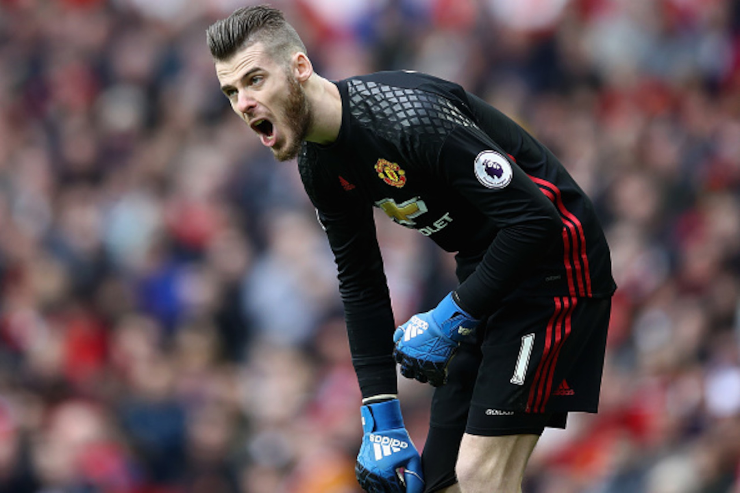 MANCHESTER, ENGLAND - MARCH 04:  Goalkeeper David de Gea of Manchester United shouts instructions during the Premier League match between Manchester United and AFC Bournemouth at Old Trafford on March 4, 2017 in Manchester, England.  (Photo by Julian Finn
