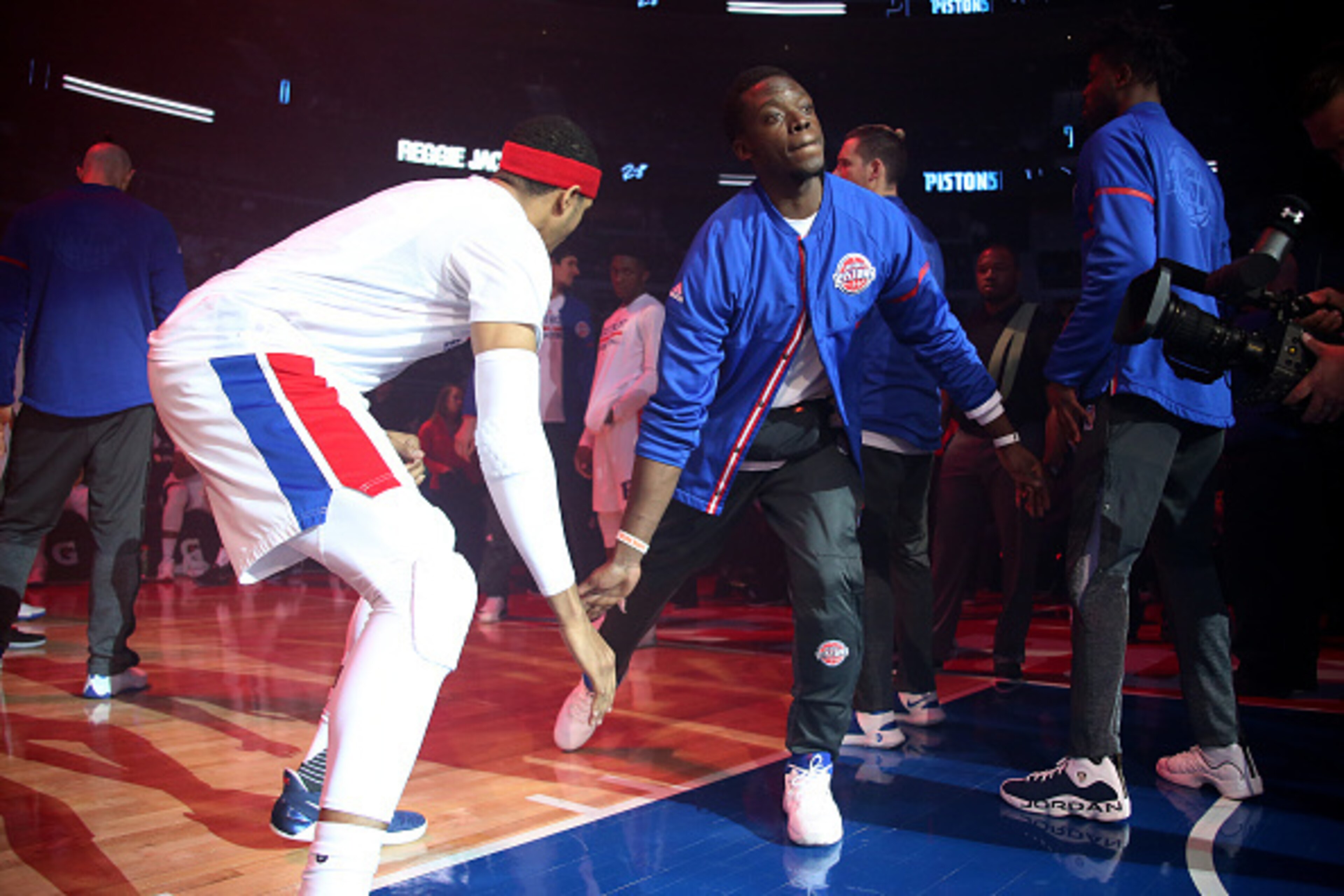 AUBURN HILLS, MI - MARCH 15: Reggie Jackson #1 of the Detroit Pistons gets introduced in the starting line up before the game against the Utah Jazz on March 15, 2017 at The Palace of Auburn Hills in Auburn Hills, Michigan. NOTE TO USER: User expressly ack