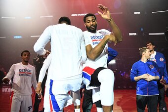 AUBURN HILLS, MI - MARCH 15: Andre Drummond #0 of the Detroit Pistons gets introduced in the starting line up before the game against the Utah Jazz on March 15, 2017 at The Palace of Auburn Hills in Auburn Hills, Michigan. NOTE TO USER: User expressly ack