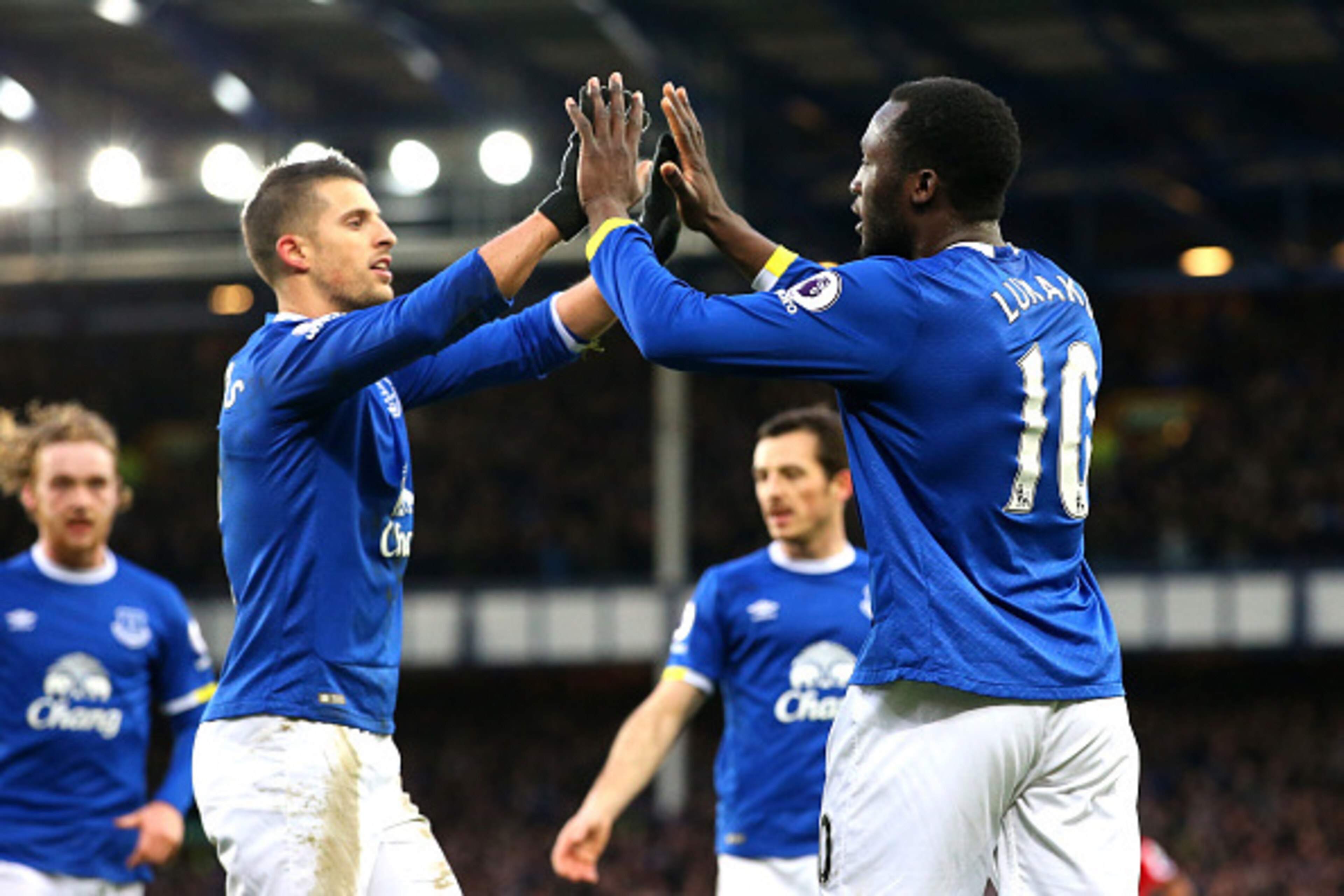LIVERPOOL, ENGLAND - FEBRUARY 04:  Romelu Lukaku of Everton (R) celebrates scoring his sides fourth goal and completes his hat trick with Kevin Mirallas of Everton (L) during the Premier League match between Everton and AFC Bournemouth at Goodison Park on