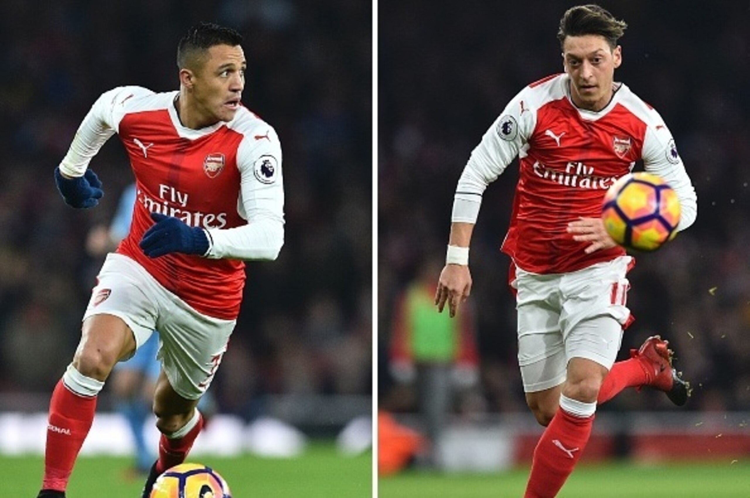 A combination of pictures created in London on January 29, 2017 shows Arsenal's Chilean striker Alexis Sanchez (L) running with the ball during the English Premier League football match between Arsenal and Stoke City at the Emirates Stadium in London on D