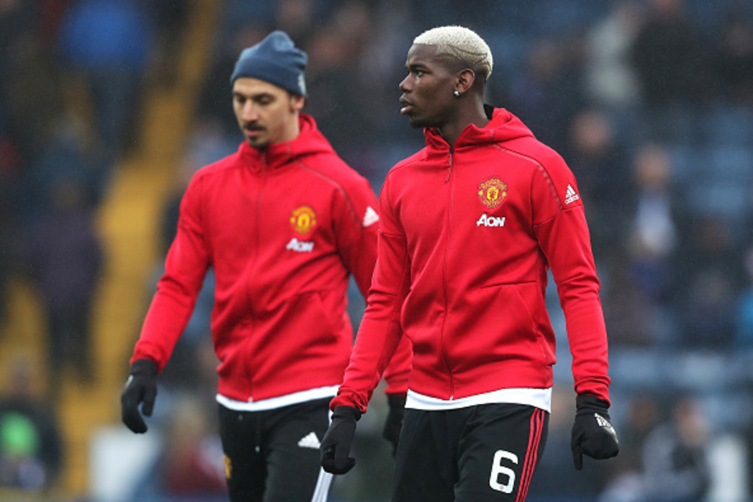BLACKBURN, ENGLAND - FEBRUARY 19: Paul Pogba and Zlatan Ibrahimovic of Manchester look on during the warm-up ahead of during the Emirates FA Cup Fifth Round match between Blackburn Rovers and Manchester United at Ewood Park on February 19, 2017 in Blackbu