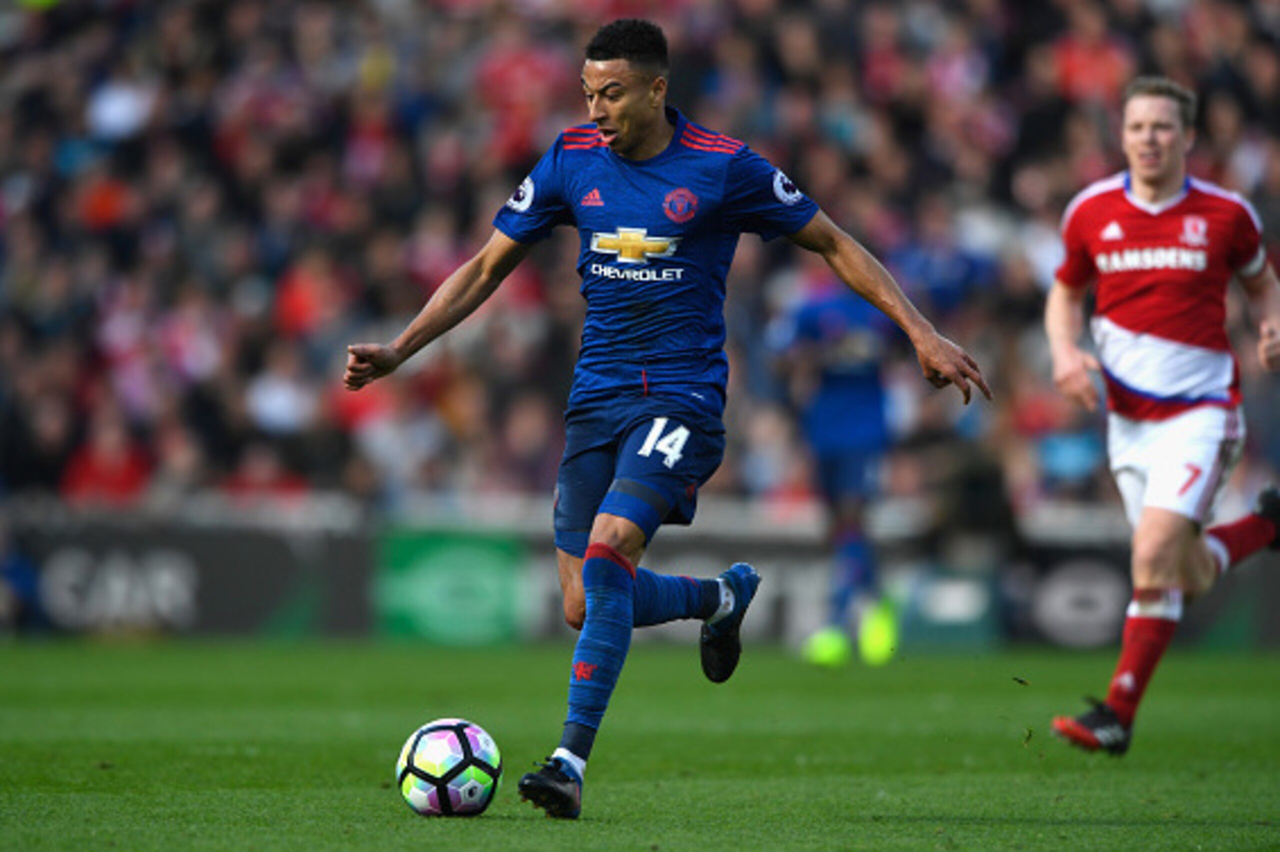 MIDDLESBROUGH, ENGLAND - MARCH 19:  Jesse Lingard of Manchester United in action during the Premier League match between Middlesbrough and Manchester United at Riverside Stadium on March 19, 2017 in Middlesbrough, England.  (Photo by Stu Forster/Getty Ima