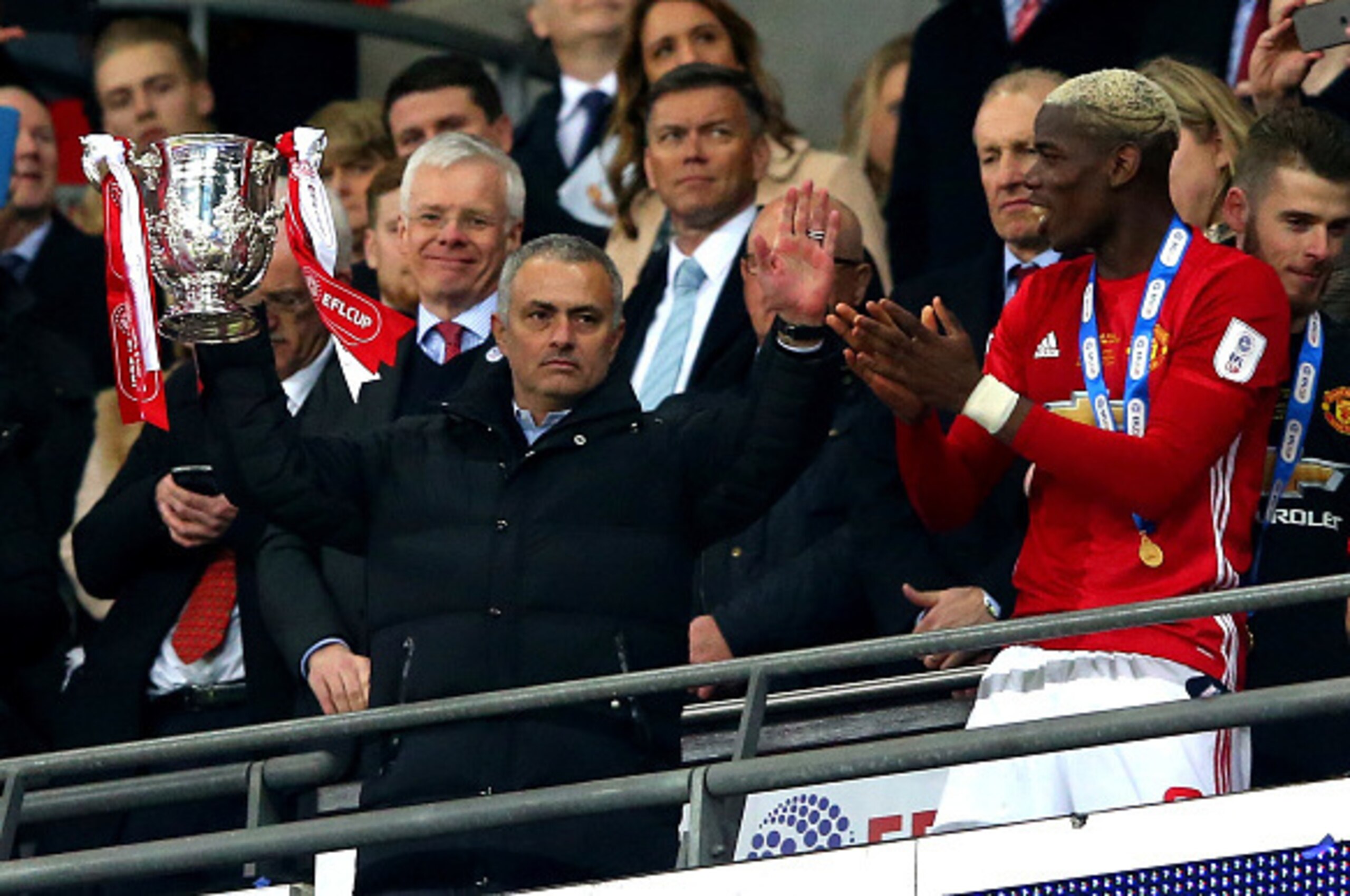 LONDON, ENGLAND - FEBRUARY 26: Jose Mourinho manager of Manchester United lifts the trophy in victory alongside Paul Pogba after during the EFL Cup Final between Manchester United and Southampton at Wembley Stadium on February 26, 2017 in London, England LONDON, ENGLAND - FEBRUARY 26: Jose Mourinho manager of Manchester United lifts the trophy in victory alongside Paul Pogba after during the EFL Cup Final between Manchester United and Southampton at Wembley Stadium on February 26, 2017 in London, England