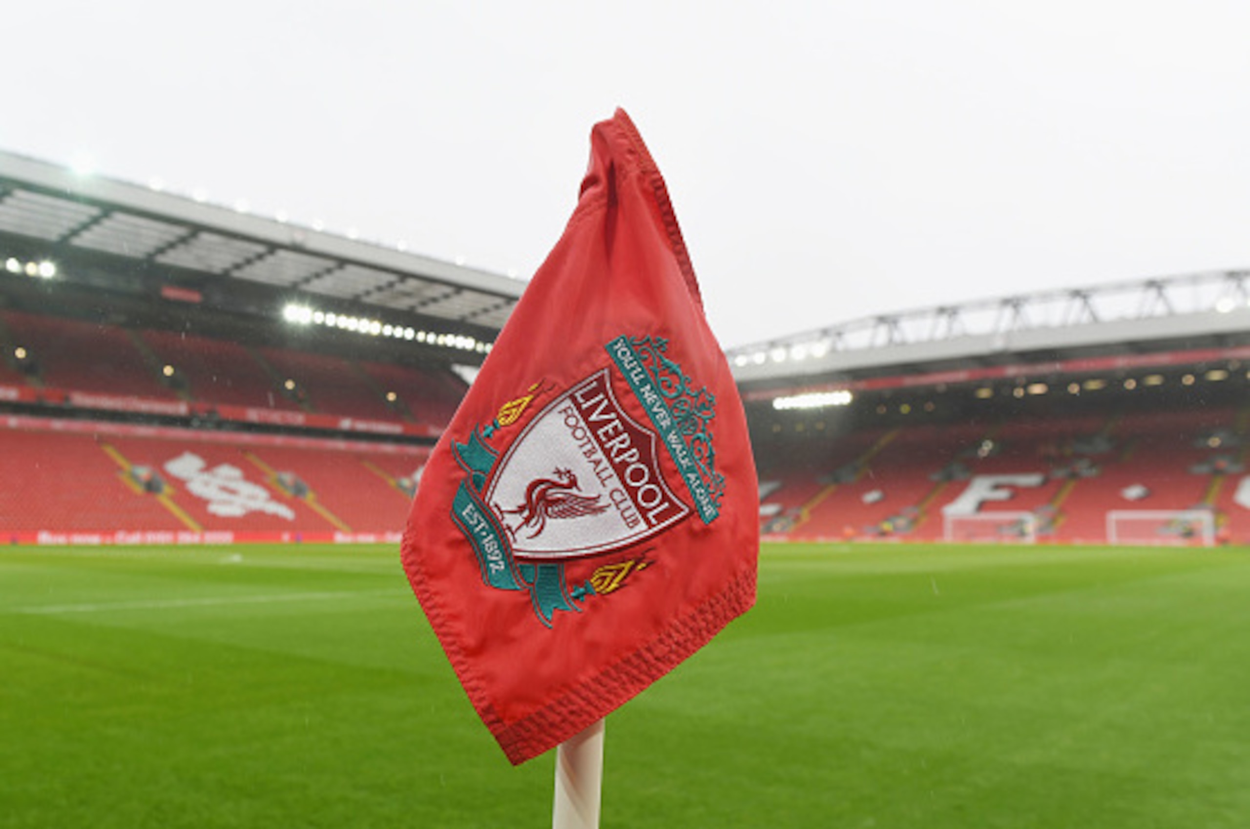 LIVERPOOL, ENGLAND - MARCH 12:  A general view a corner flag inside the stadium prior to during the Premier League match between Liverpool and Burnley at Anfield on March 12, 2017 in Liverpool, England.  (Photo by Michael Regan/Getty Images)