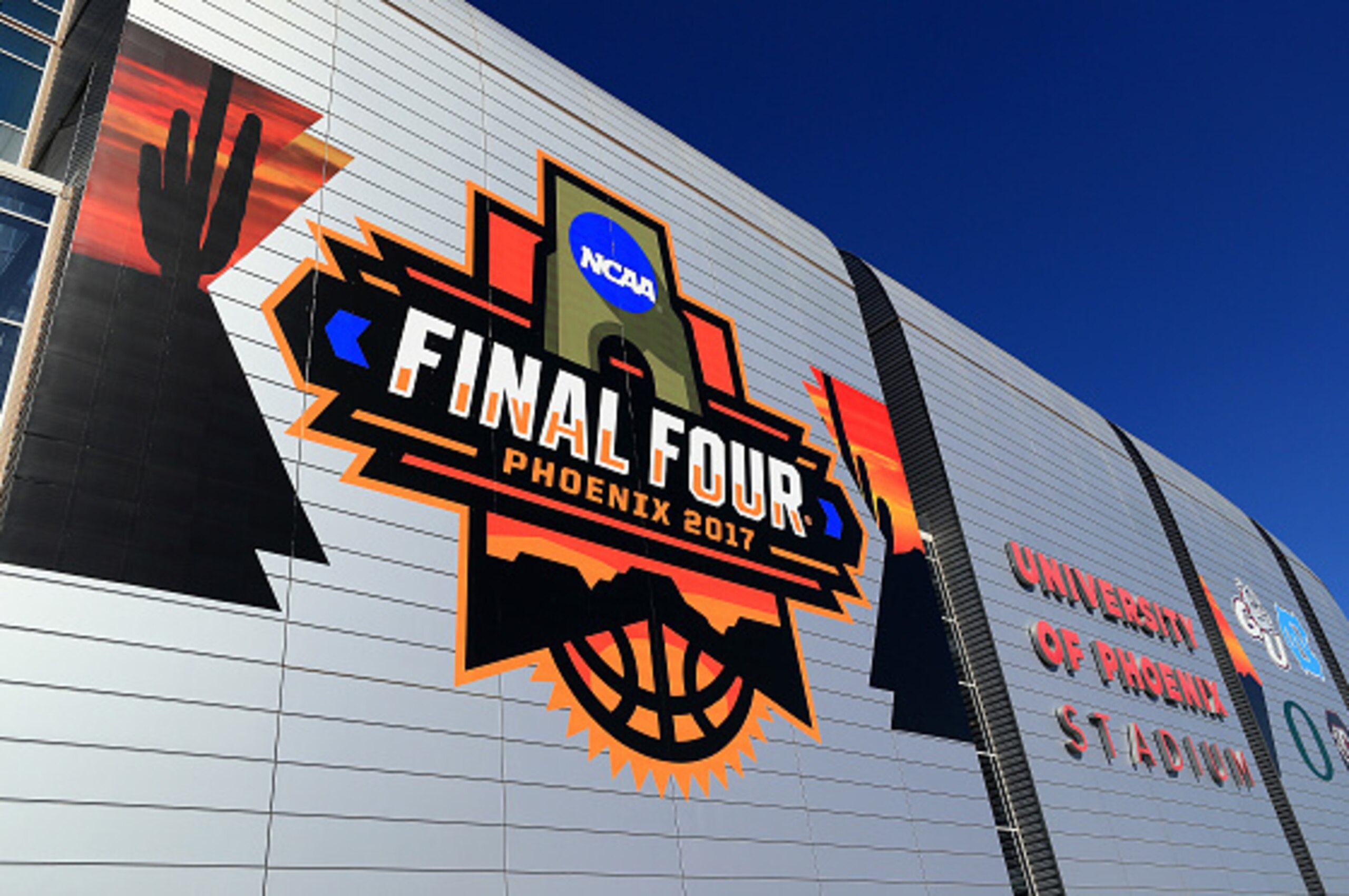 GLENDALE, AZ - MARCH 30:  Final Four logos are seen on University of Phoenix Stadium prior to the 2017 NCAA Men's Basketball Final Four on March 30, 2017 in Glendale, Arizona.  (Photo by Tom Pennington/Getty Images)