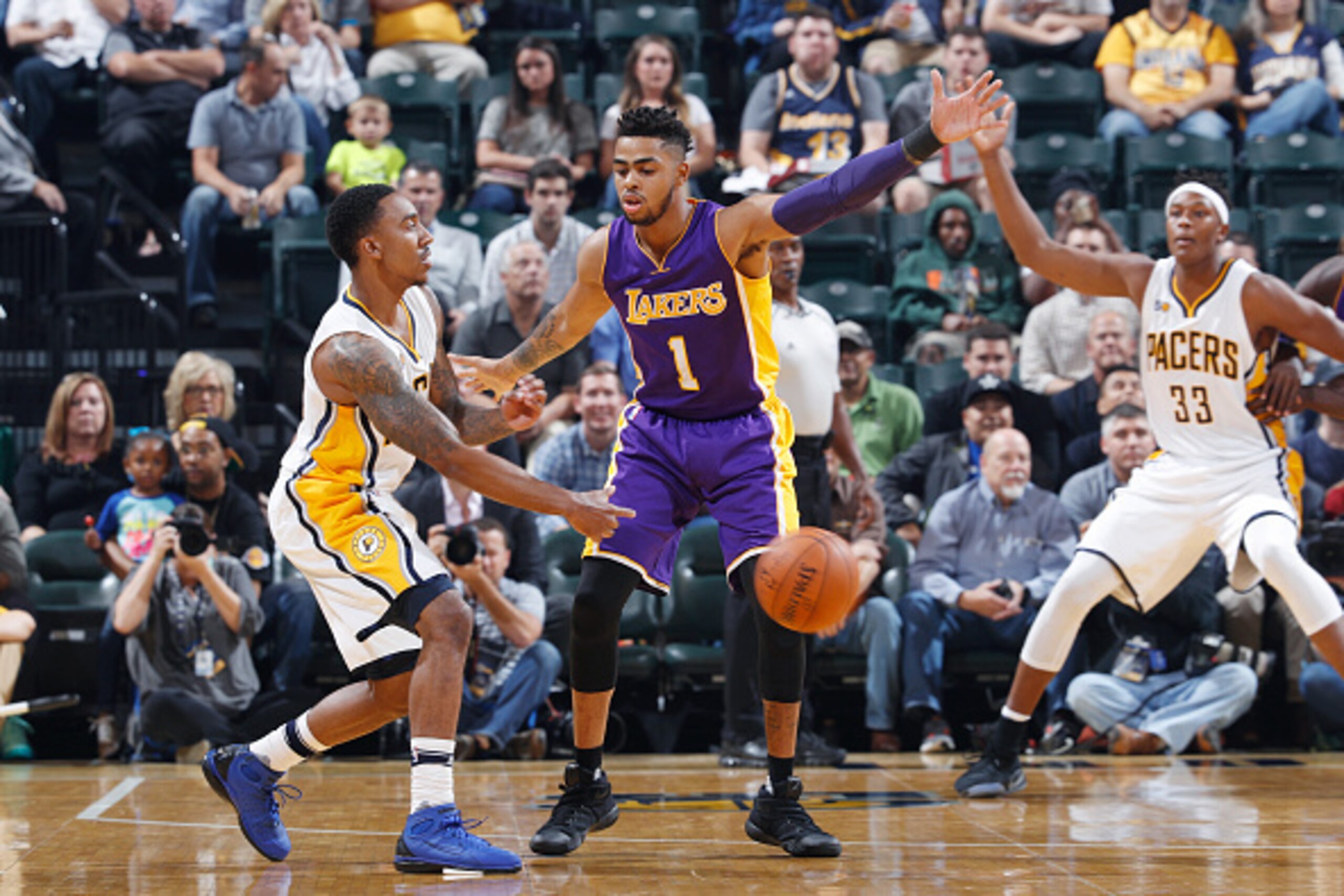 INDIANAPOLIS, IN - NOVEMBER 01: D'Angelo Russell #1 of the Los Angeles Lakers defends against Jeff Teague #44 of the Indiana Pacers in the first half of the game at Bankers Life Fieldhouse on November 1, 2016 in Indianapolis, Indiana. The Pacers defeated 