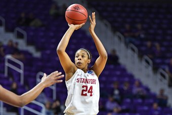 MANHATTAN, KS - MARCH 18:  Erica McCall #24 of the Stanford Cardinal puts up a shot against the New Mexico State Aggies during the first round of the 2017 NCAA Women's Basketball Tournament at Bramlage Coliseum on March 18, 2017 in Manhattan, Kansas.  (Ph