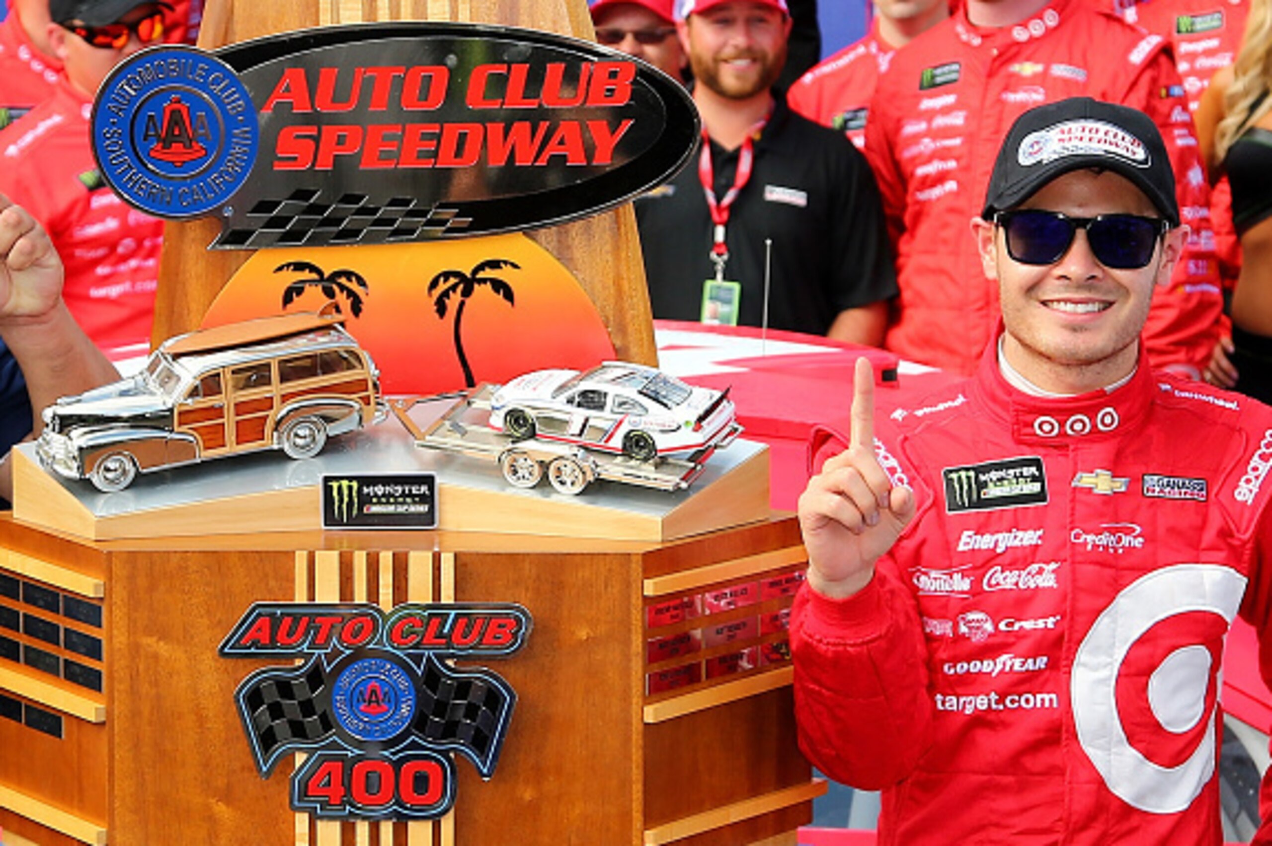 FONTANA, CA - MARCH 26: Kyle Larson, driver of the #42 Target Chevrolet, poses with the trophy in victory lane after winning the Monster Energy NASCAR Cup Series Auto Club 400 at Auto Club Speedway on March 26, 2017 in Fontana, California. (Photo by Sar FONTANA, CA - MARCH 26: Kyle Larson, driver of the #42 Target Chevrolet, poses with the trophy in victory lane after winning the Monster Energy NASCAR Cup Series Auto Club 400 at Auto Club Speedway on March 26, 2017 in Fontana, California. (Photo by Sar