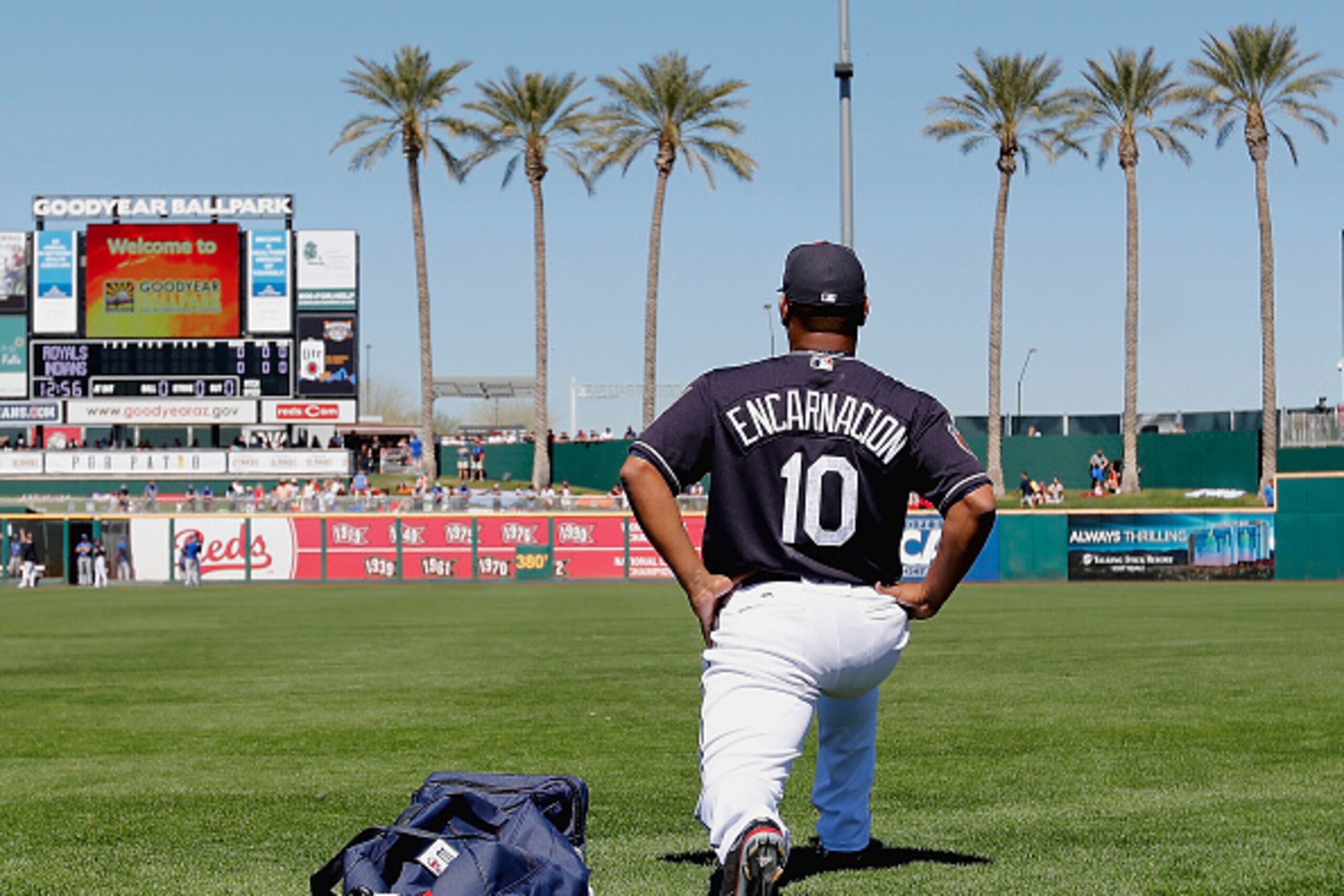 GOODYEAR, AZ - MARCH 11: Edwin Encarnacion #10 of the Cleveland Indians warms up before a spring training game against the Kansas City Royals at Goodyear Ballpark on March 11, 2017 in Goodyear, Arizona. (Photo by Tim Warner/Getty Images)