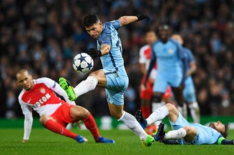 MANCHESTER, ENGLAND - FEBRUARY 21:  Sergio Aguero of Manchester City beats Fabinho of AS Monaco during the UEFA Champions League Round of 16 first leg match between Manchester City FC and AS Monaco at Etihad Stadium on February 21, 2017 in Manchester, Uni