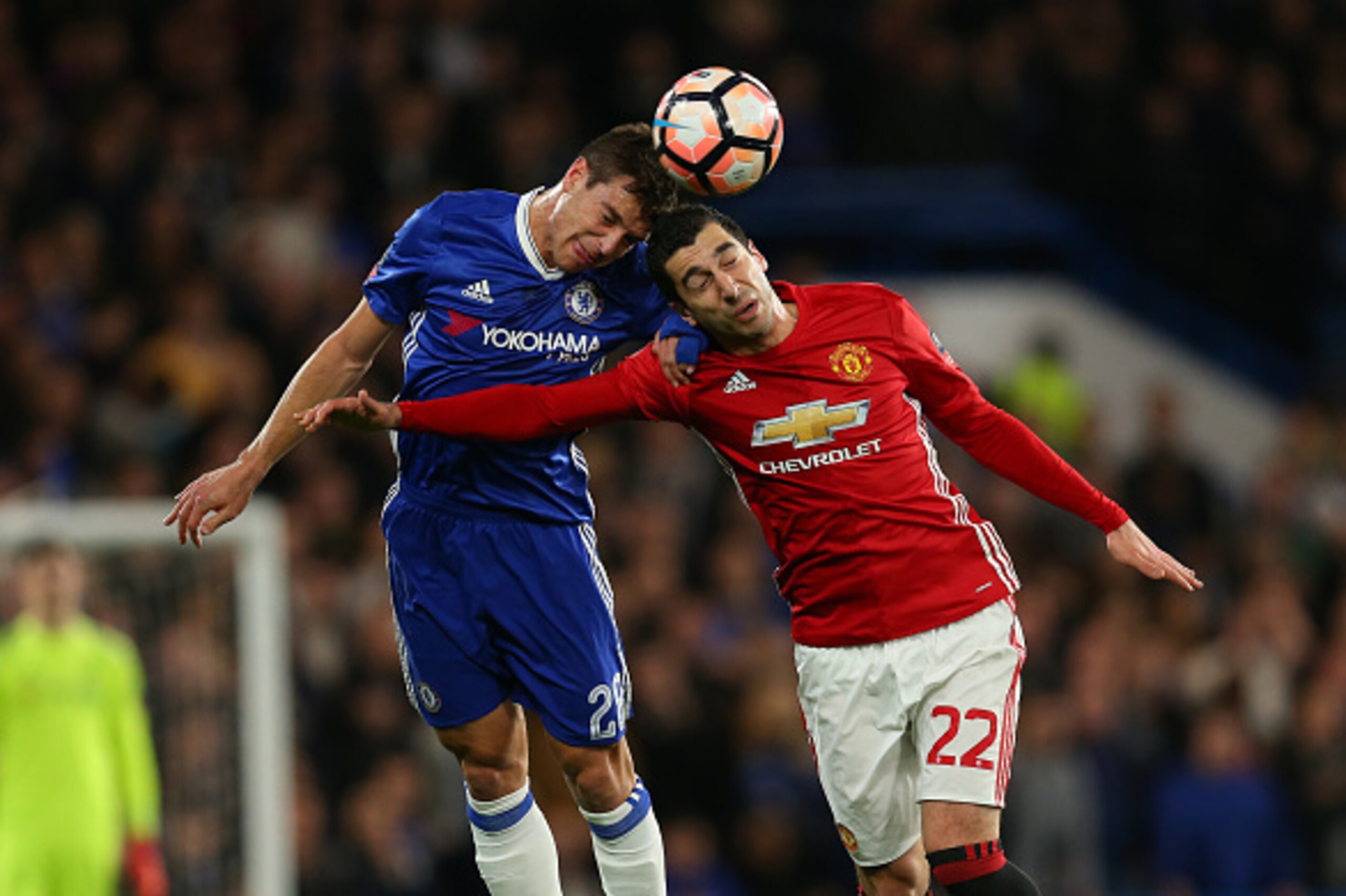 LONDON, ENGLAND - MARCH 13: Cesar Azpilicueta of Chelsea and Henrikh Mkhitaryan of Manchester United during The Emirates FA Cup Quarter-Final match between Chelsea and Manchester United at Stamford Bridge on March 13, 2017 in London, England. (Photo by Ca