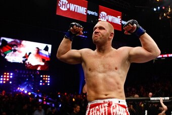 EAST RUTHERFORD, NJ - FEBRUARY 12:  Sergei Kharitonov celebrates his knockout victory over Andrei Arlovski at the Strikeforce Heavyweights Grand Prix event at the Izod Center on February 12, 2011 in East Rutherford, New Jersey.  (Photo by Esther Lin/Zuffa