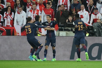 LYON, FRANCE - APRIL 01:  Angel Di Maria of Paris Saint-Germain celebrate his goal with teammattes during the French League Cup Final match between Paris Saint-Germain and AS Monaco at Parc Olympique on  Japril 01, 2017 in Lyon, France.  (Photo by Xavier 