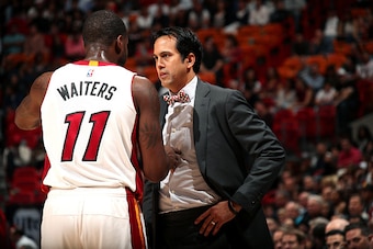 MIAMI, FL - JANUARY 28: Erik Spoelstra of the Miami Heat coaches Dion Waiters #11 of the Miami Heat during the game against the Detroit Pistons on January 28, 2017 at AmericanAirlines Arena in Miami, Florida. NOTE TO USER: User expressly acknowledges and 