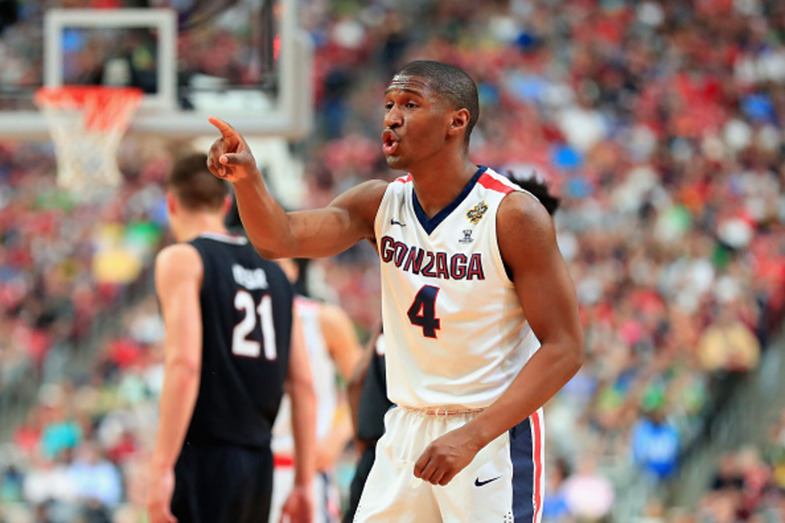 GLENDALE, AZ - APRIL 01: Jordan Mathews #4 of the Gonzaga Bulldogs reacts in the second half against the South Carolina Gamecocks during the 2017 NCAA Men's Final Four Semifinal at University of Phoenix Stadium on April 1, 2017 in Glendale, Arizona. (Pho GLENDALE, AZ - APRIL 01: Jordan Mathews #4 of the Gonzaga Bulldogs reacts in the second half against the South Carolina Gamecocks during the 2017 NCAA Men's Final Four Semifinal at University of Phoenix Stadium on April 1, 2017 in Glendale, Arizona. (Pho