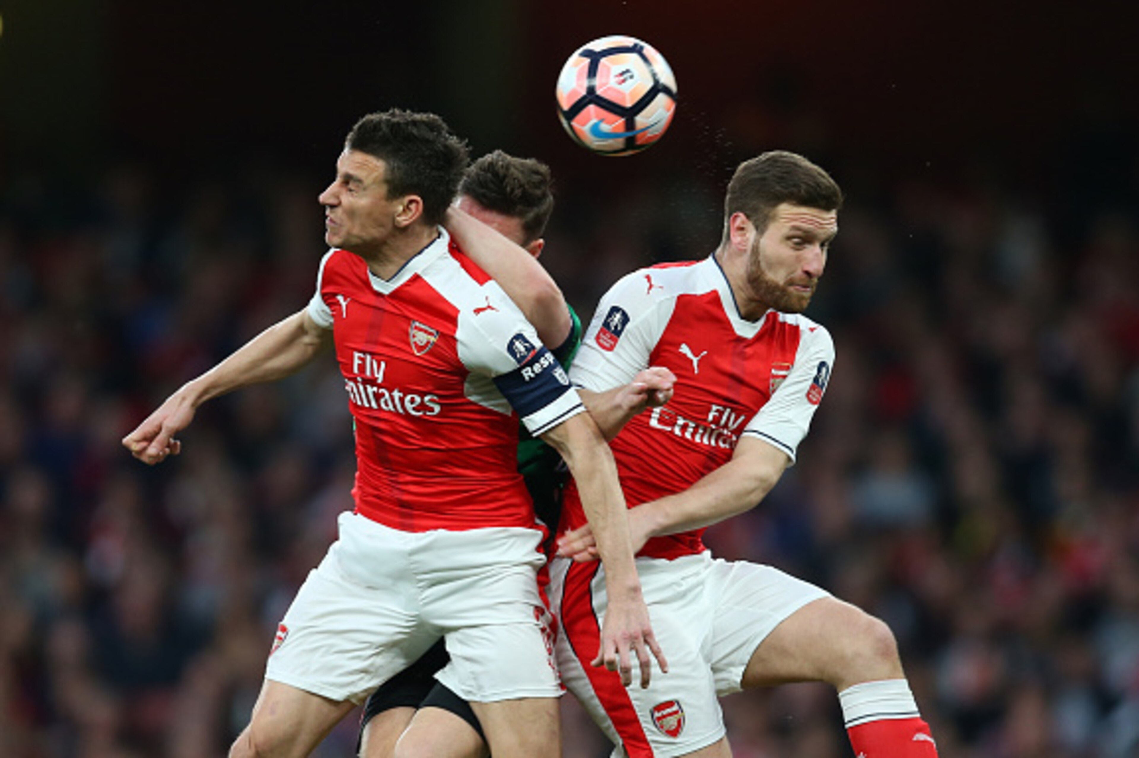 LONDON, ENGLAND - MARCH 11:  Laurent Koscielny of Arsenal and Shkodran Mustafi of Arsenal during The Emirates FA Cup Quarter-Final match between Arsenal and Lincoln City at Emirates Stadium on March 11, 2017 in London, England. (Photo by Catherine Ivill -