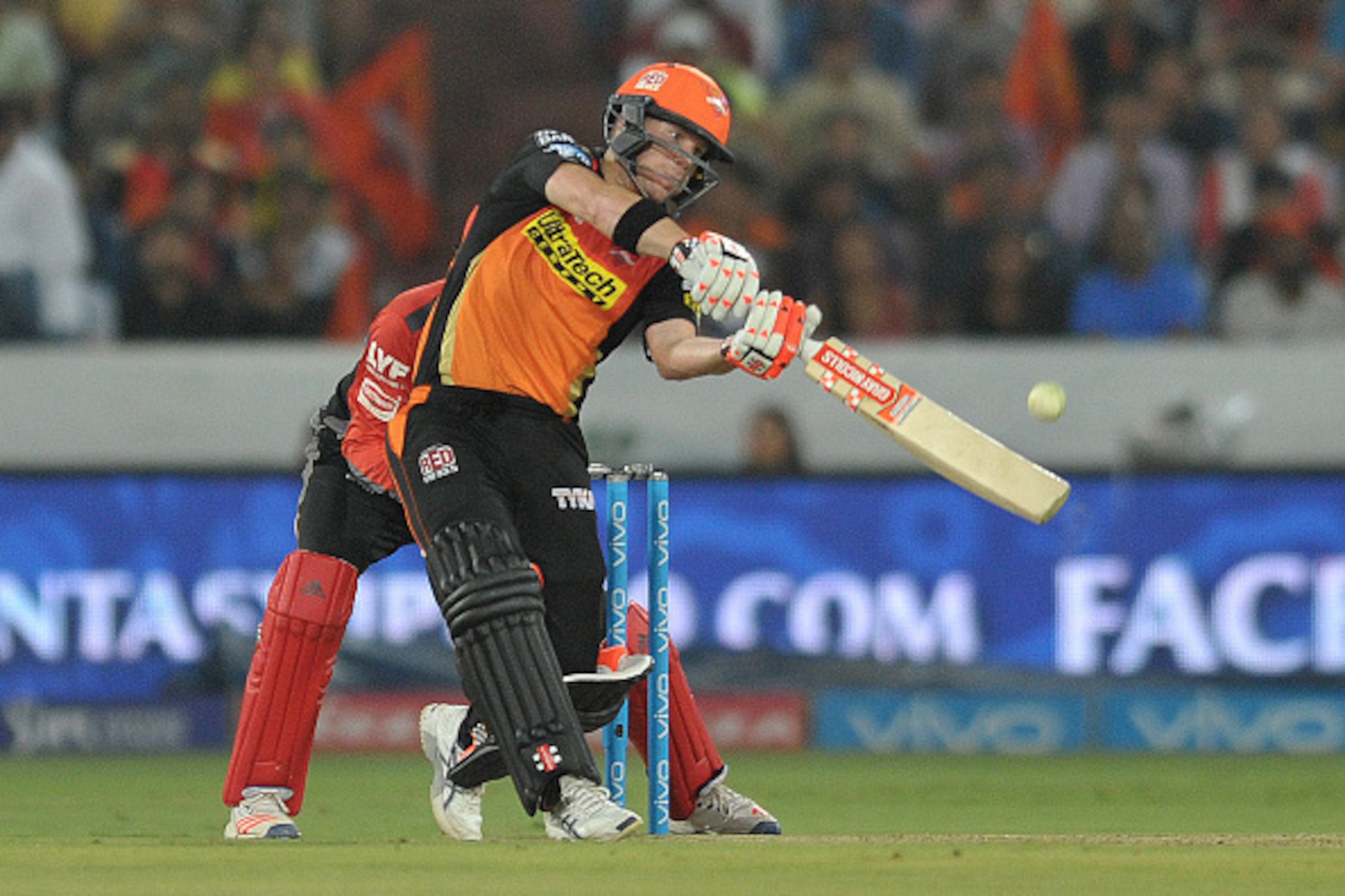Sunrisers Hyderabad captain David Warner plays a shot during the 2016 Indian Premier League (IPL) Twenty20 cricket match between Sunrisers Hyderabad and Royal Challengers Bangalore at The Rajiv Gandhi International Stadium in Hyderabad  on April 30, 2016.
