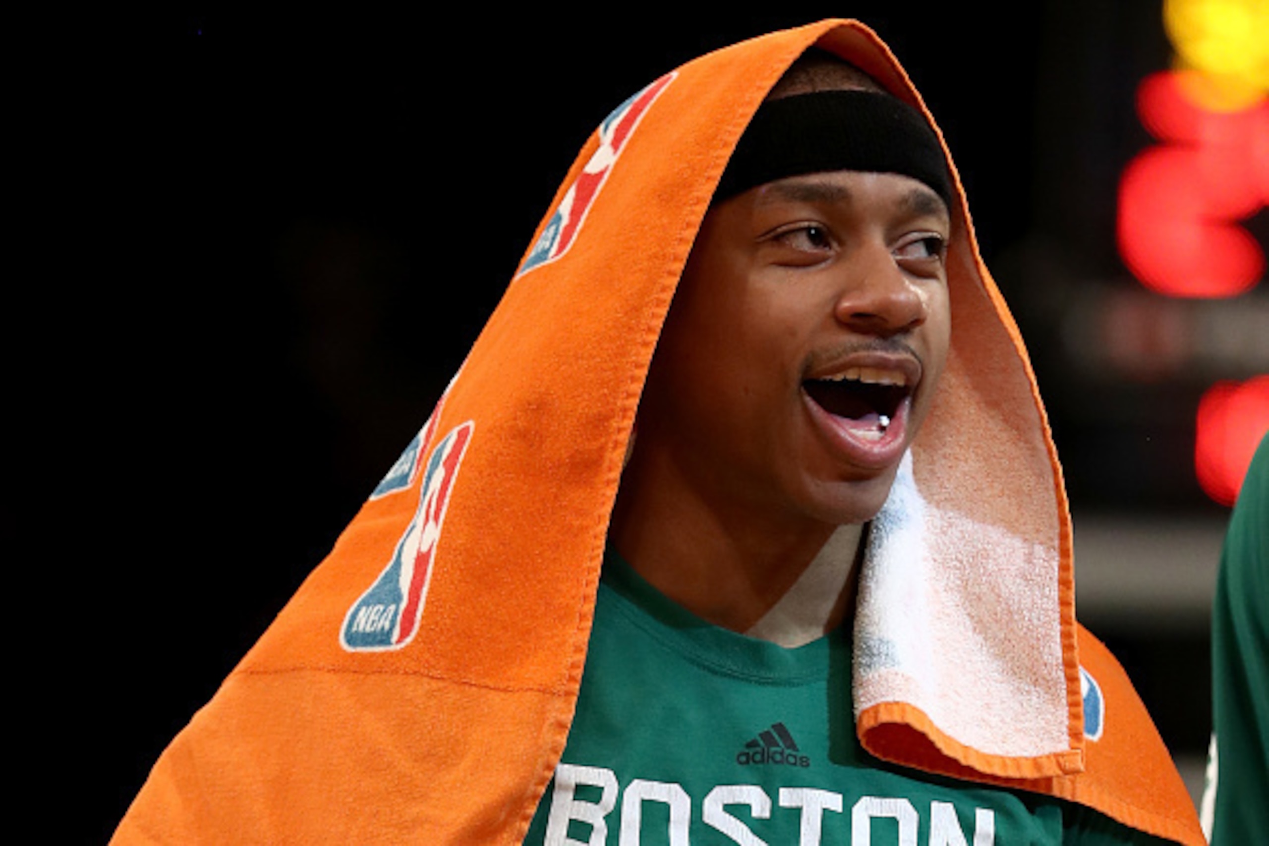 NEW YORK, NY - APRIL 02:  Isaiah Thomas #4 of the Boston Celtics celebates a teammate's shot in the second half against the New York Knicks at Madison Square Garden on April 2, 2017 in New York City. NOTE TO USER: User expressly acknowledges and agrees th