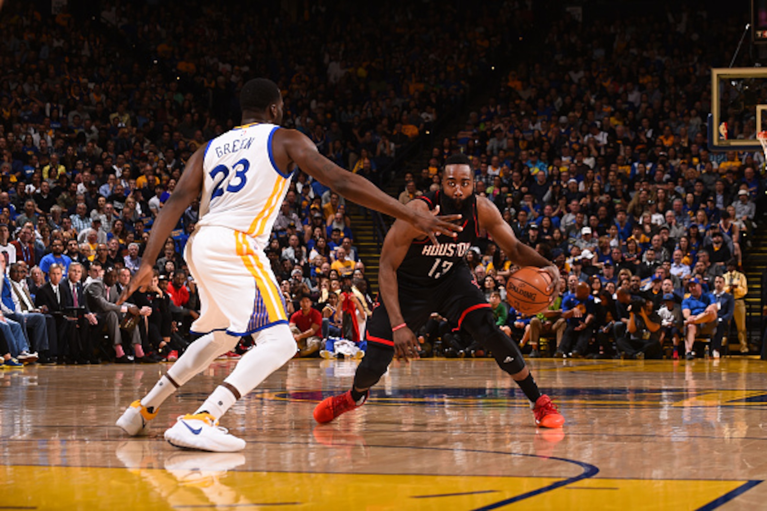 OAKLAND, CA - MARCH 31: James Harden #13 of the Houston Rockets handles the ball during a game against the Golden State Warriors on March 31, 2017 at ORACLE Arena in Oakland, California. NOTE TO USER: User expressly acknowledges and agrees that, by downl OAKLAND, CA - MARCH 31: James Harden #13 of the Houston Rockets handles the ball during a game against the Golden State Warriors on March 31, 2017 at ORACLE Arena in Oakland, California. NOTE TO USER: User expressly acknowledges and agrees that, by downl