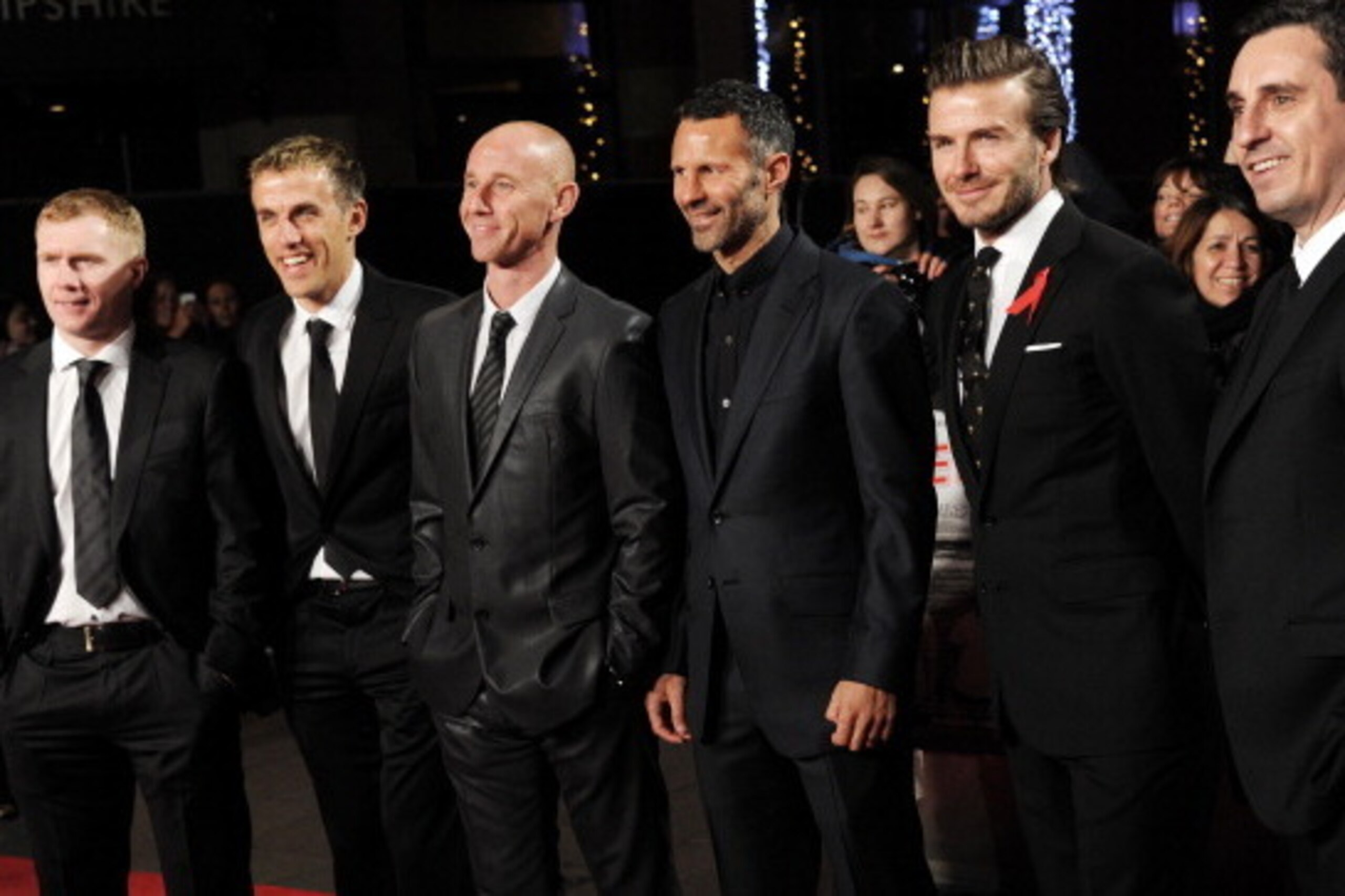 LONDON, UNITED KINGDOM - DECEMBER 01: (L-R) Paul Scholes, Phil Neville, Nicky Butt, Ryan Giggs, David Beckham and Gary Neville attend the World premiere of 'The Class of 92' at Odeon West End on December 1, 2013 in London, England. (Photo by Stuart C. Wil