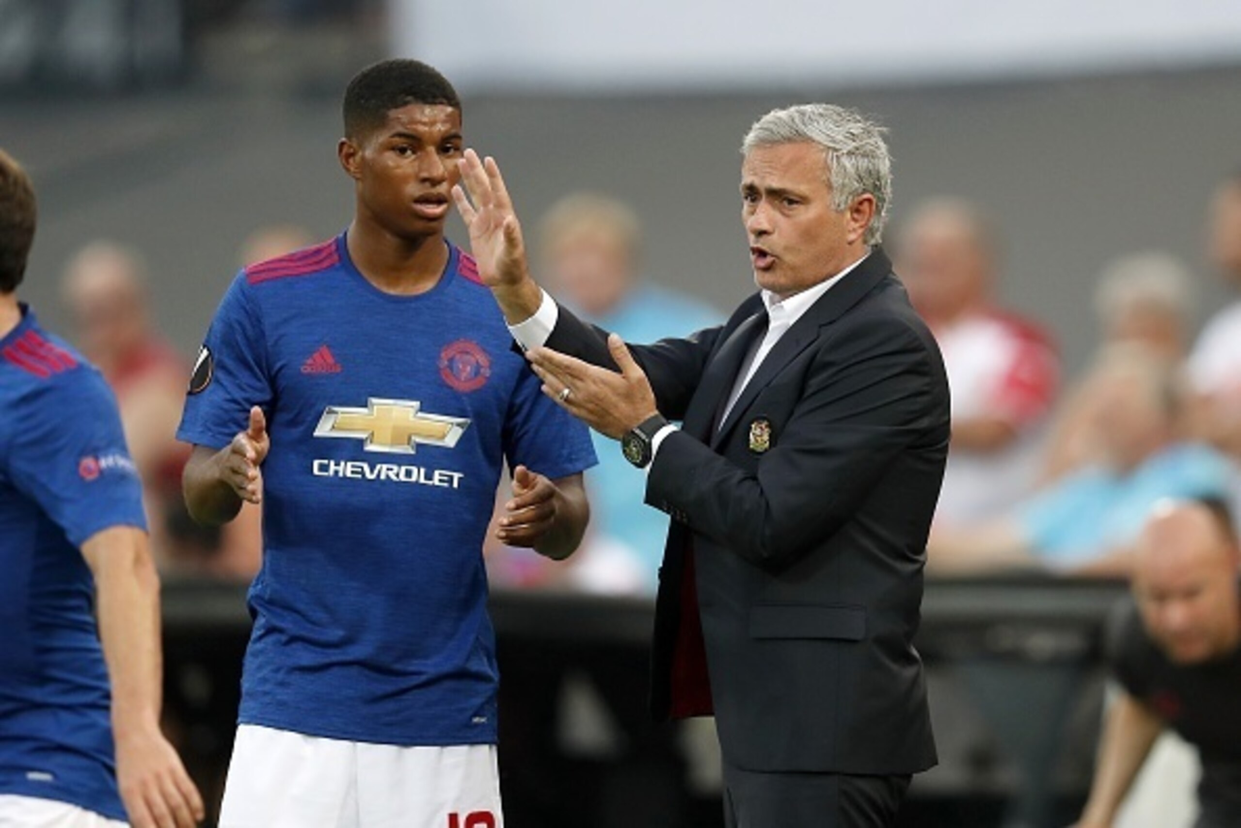 (L-R) Marcus Rashford of Manchester United, coach Jose Mourinho of Manchester United during the Europa League group A match between Feyenoord and Manchester Uinited on September 15, 2016 at the Kuip stadium in Rotterdam, The Netherlands.(Photo by VI Image