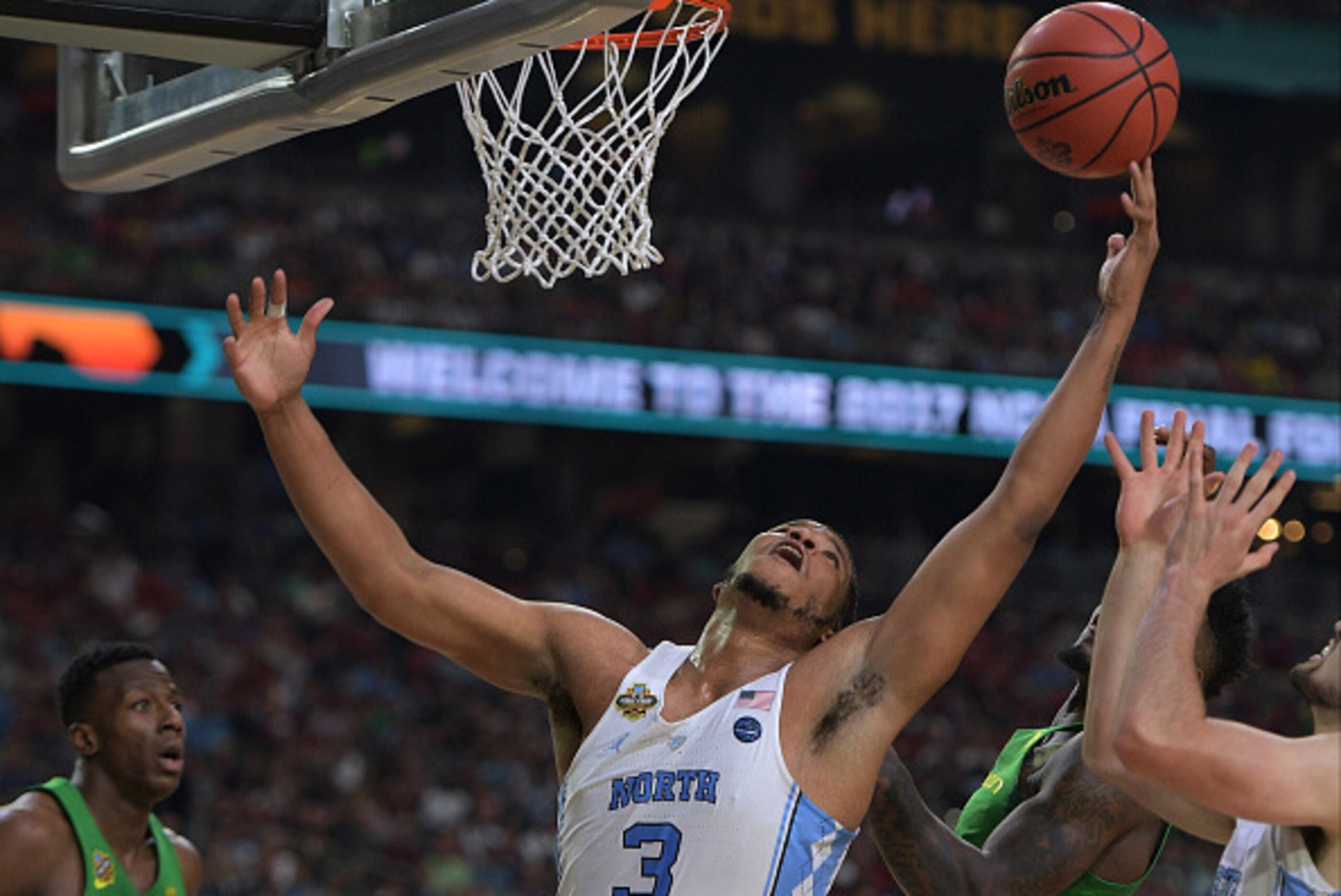 GLENDALE, AZ - APRIL 01: Kennedy Meeks #3 of the North Carolina Tar Heels reaches for a rebound during their game against the Oregon Ducks during the 2017 NCAA Men's Final Four Semifinal at University of Phoenix Stadium on April 1, 2017 in Glendale, Arizo