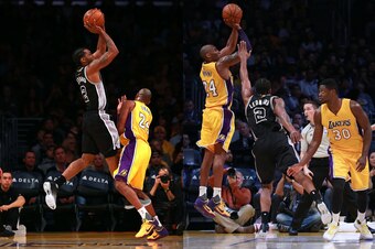 Leonard shoots over Kobe Bryant; Bryant shoots over Leonard on January 22, 2016.