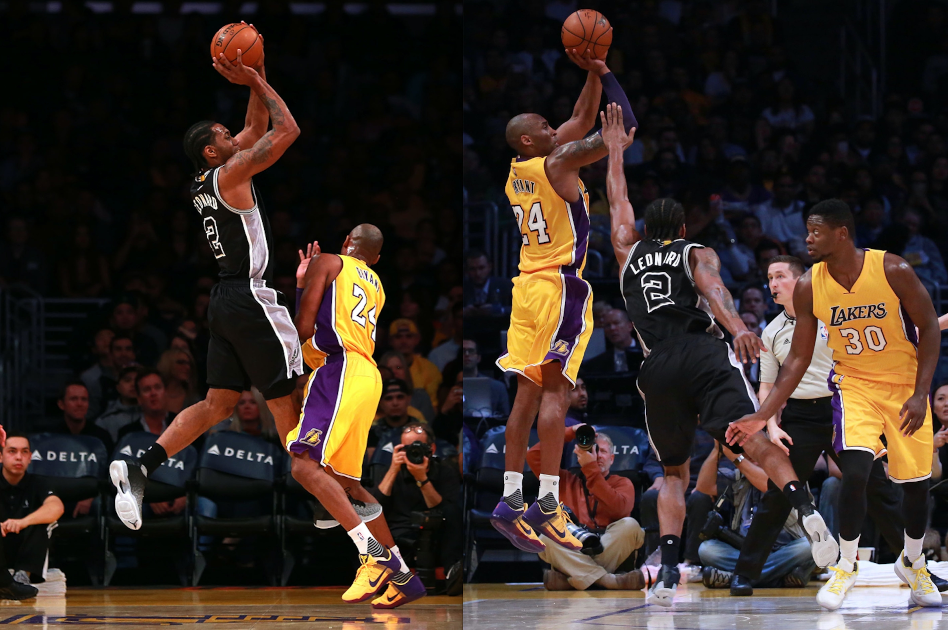 Leonard shoots over Kobe Bryant; Bryant shoots over Leonard on January 22, 2016.
